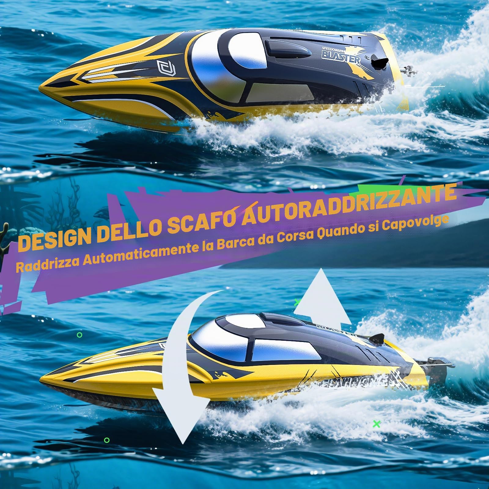 DEERC Barca RC veloce da 14" con LED, 30+ minuti di guida, 20+ MPH, barca a velocità telecomandata autoallineante per piscina e mare, vernice a strisce, regalo estivo per bambini e adulti.