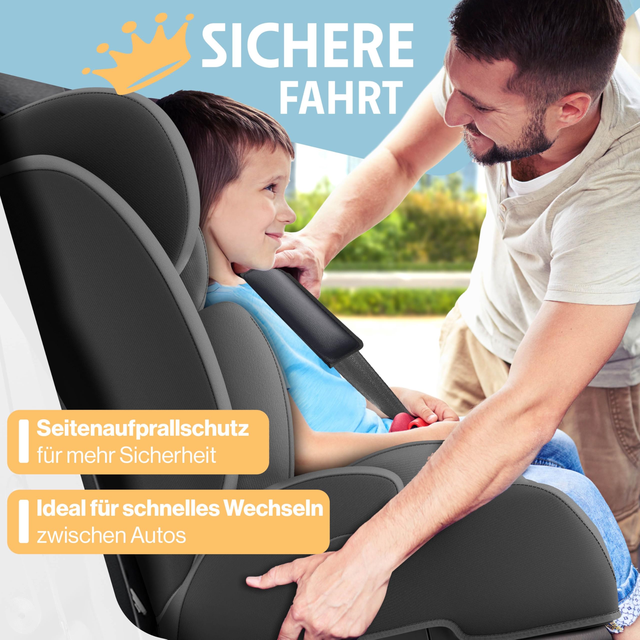 KIDIZ® Autokindersitz mit Isofix i-Size R129 100-150cm Gruppe 1/2/3, 5-Punkt-Gurt, höhenverstellbare Kopfstütze, Anthrazit