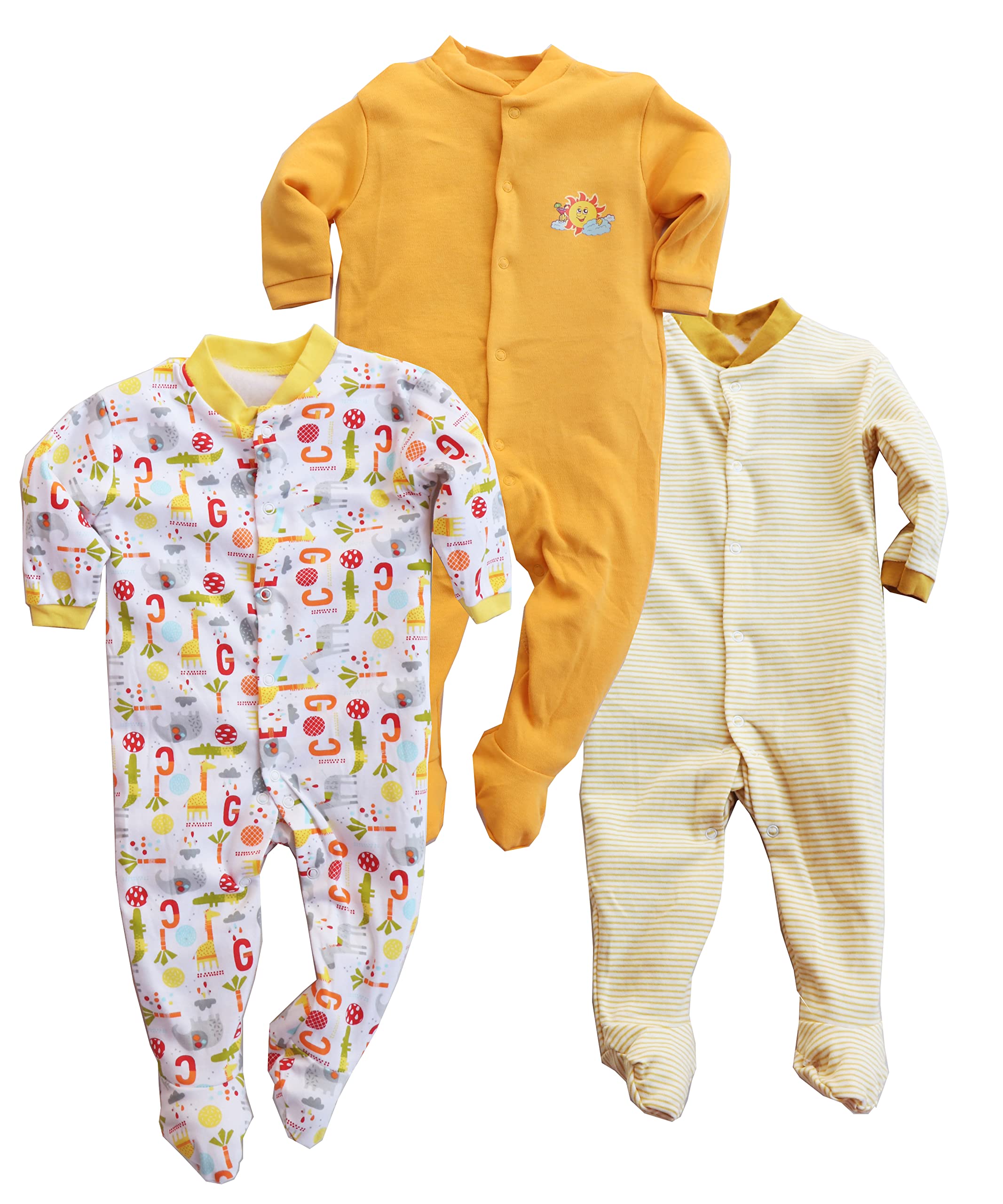 New Born Baby Multi-Color Long Sleeve Cotton Sleep Suit Pack of 3 Plus One Bodysuit Onesie Free.