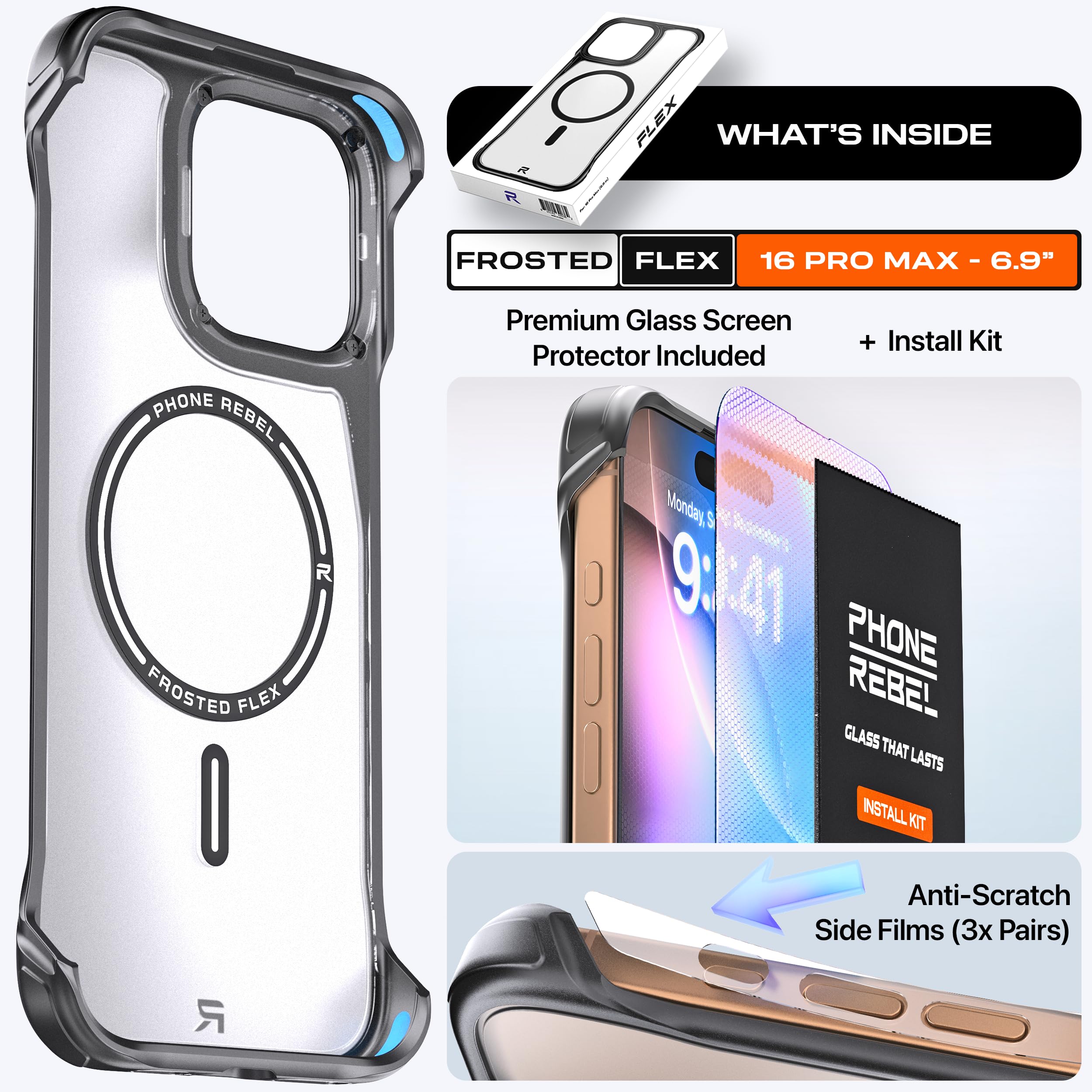 REBEL Custodia trasparente per iPhone 16 Pro Max [serie Frosted Flex] Lati esposti per il comfort, forte compatibile con MagSafe, texture opaca, protettiva antiurto, custodia senza cornice aggiornata,