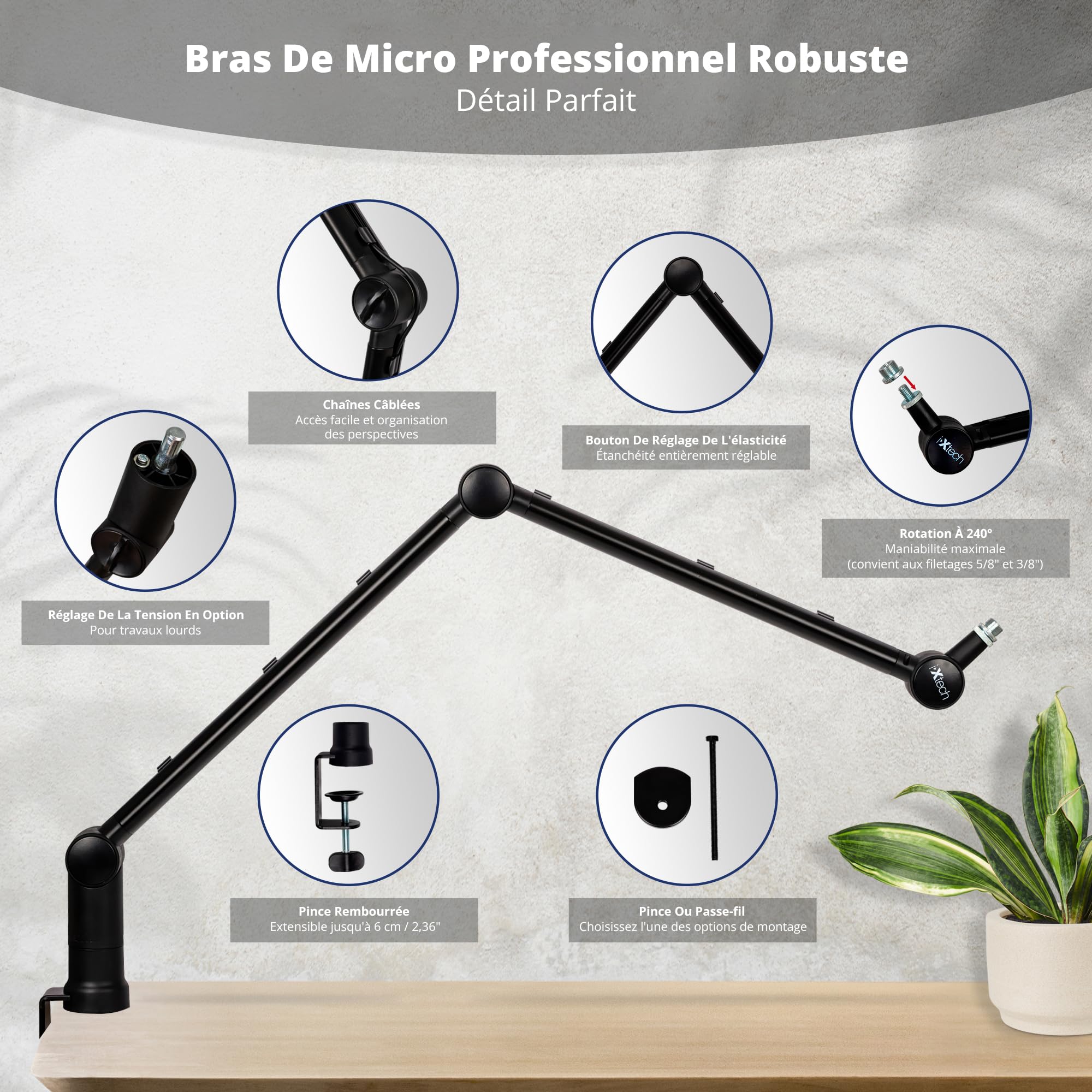 IXTECH Bras de micro avec support de bureau, rotatif à 360°, réglable et pliable, montage ciseaux pour podcast, jeux vidéo, radio et audio de studio, robuste et universel (HERO)