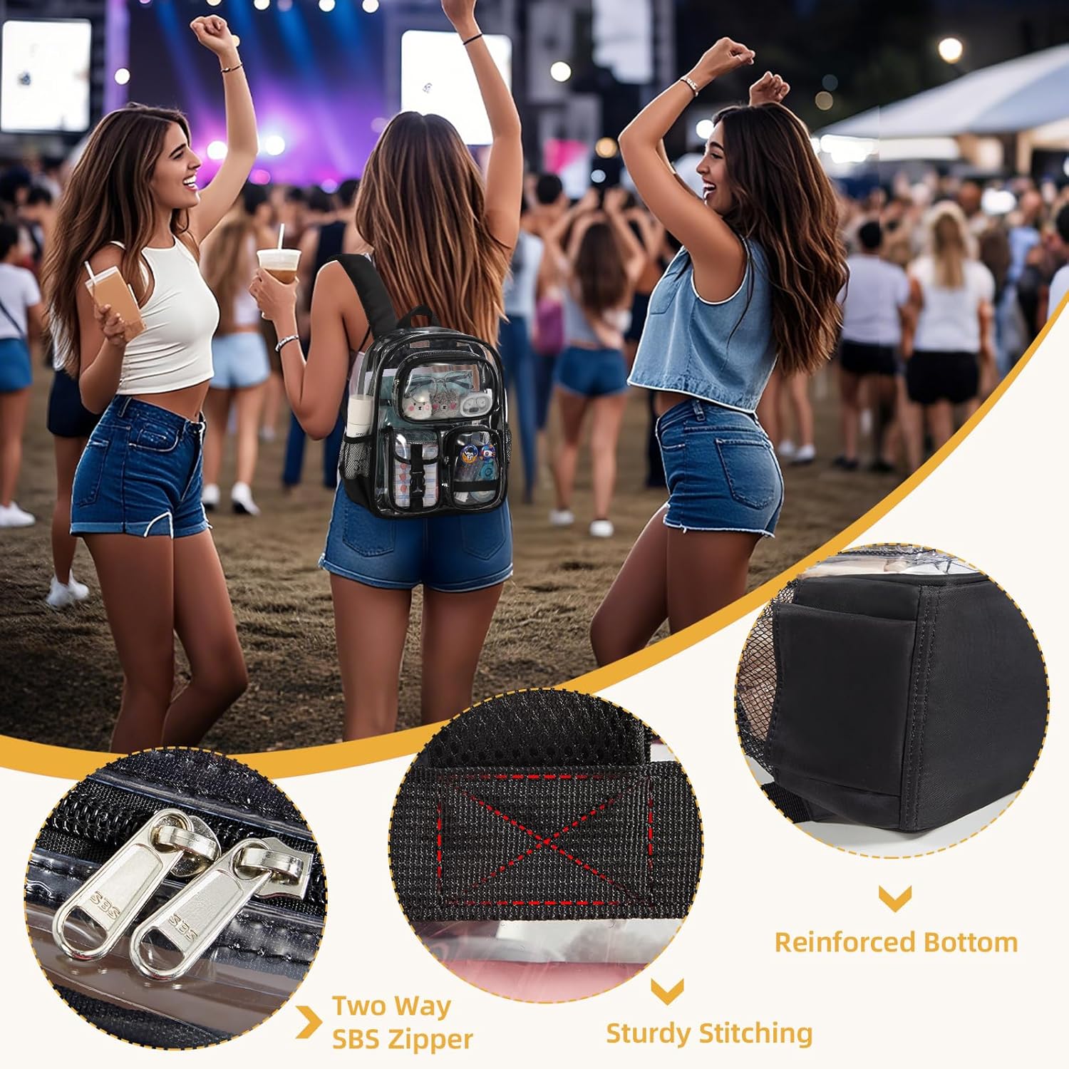 Mini Clear Backpack for Stadium Approved 12x6x12, Small Transparent Backpacks Plastic See Through Clear Bag for Kids Grils Women for Sporting Event, Concerts, Work, Festival (Black) - Image 6