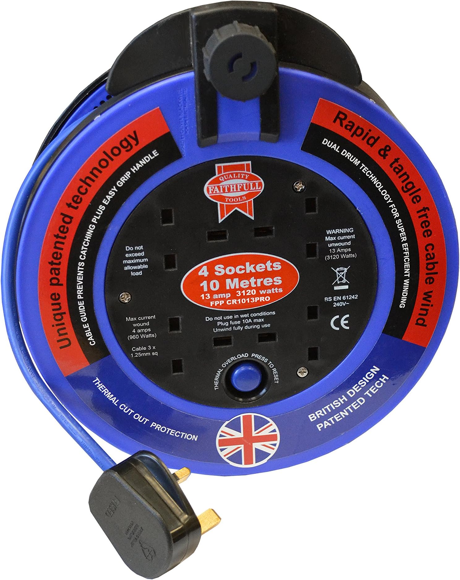 FaithfullPower Plus FPPCR1013PRO 10 m Fast Rewind Four Socket Blue Cable Reel