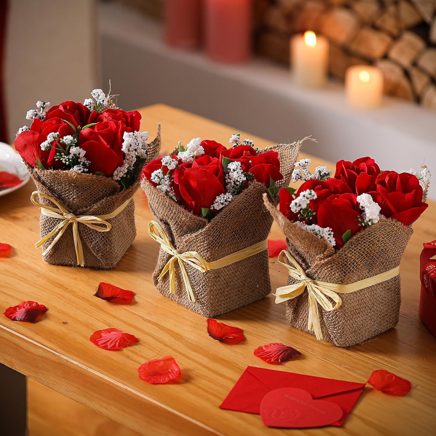3 Pcs Valentines Artificial Roses in Small Burlap Bag Vases Faux Flowers Roses with White Accents for Valentine's Day Gifts Romantic Home, Office Desk, Bookshelf Decorations