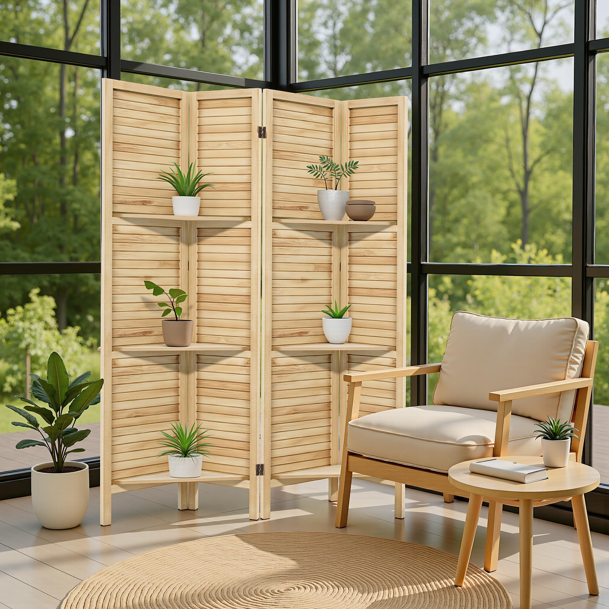 Room Divider with Shelves 4 Panel Wooden Folding Room Dividers Privacy Screen Wall Divider for Room Separation for Office and Apartment, Natural