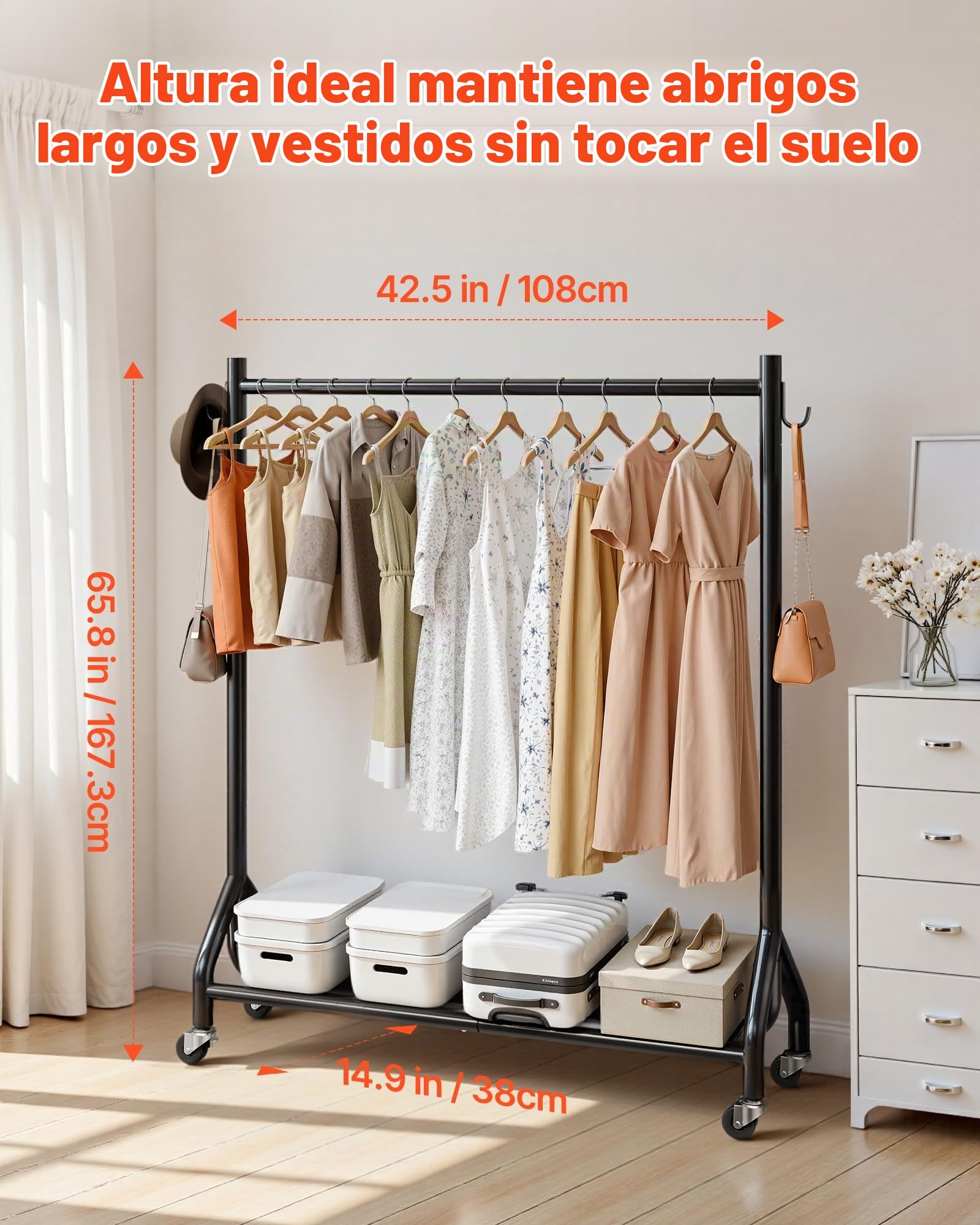 VEVOR Perchero Burro para Ropa 108 x 167,3 cm, con Barra para Colgar y Ganchos Laterales, Burro de Ropa con Ruedas, Carga de 90 kg, de Acero al Carbono, para Dormitorio, Lavandería, Sala de Estar