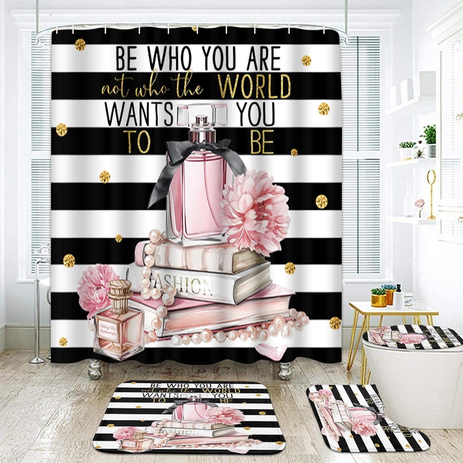 Arttown Pink Fashion Bathroom Set with Shower Curtain and Rugs and Accessories, Floral Woman Girl Inspirational Quotes Shower Curtains, Modern Bathroom Decor 4 Pcs