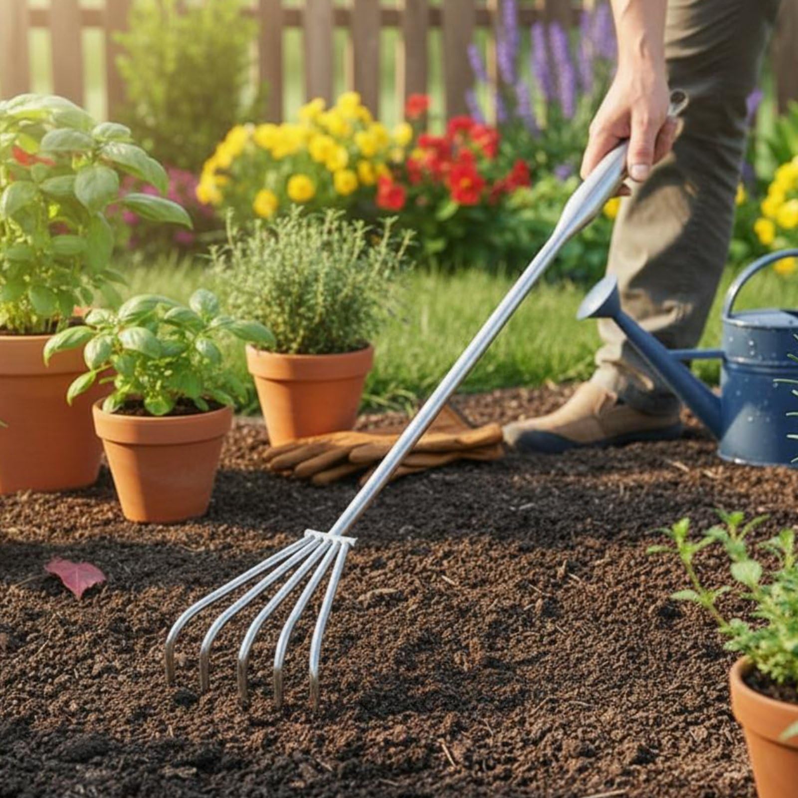 Rastrillo de Púas con Mango Largo Multifuncional Cultivador de Acero Inoxidable Resistente a la Corrosión para Jardineros, Jardín, Terreno de Siembra , 100CM , 7 Dientes