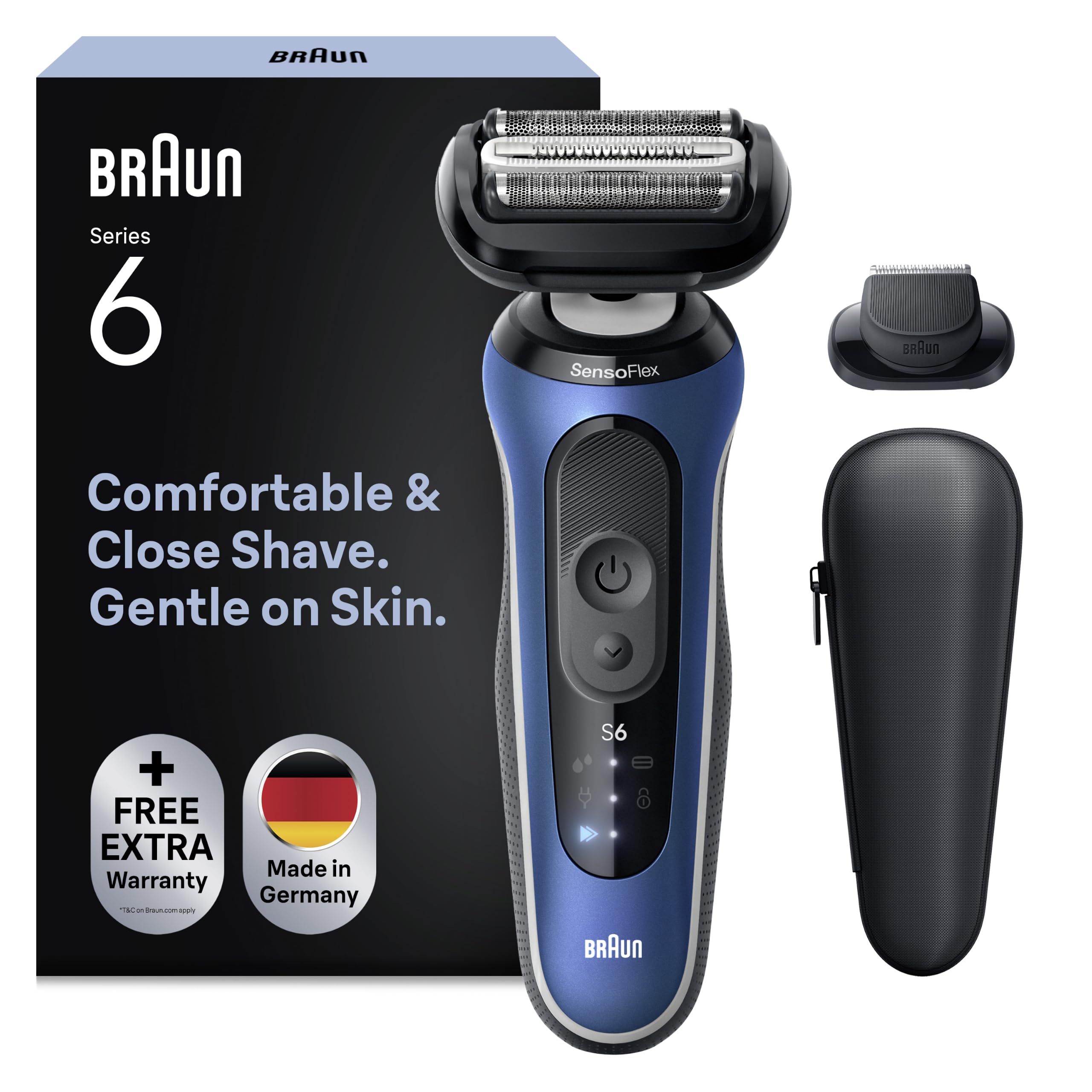 Braun Series 6 Rasoir électrique pour homme, avec autonomie de 60 minutes, embout tondeuse de précision, rasoir sans fil pour homme, fabriqué en Allemagne, étanche, 62-B1200s, bleu