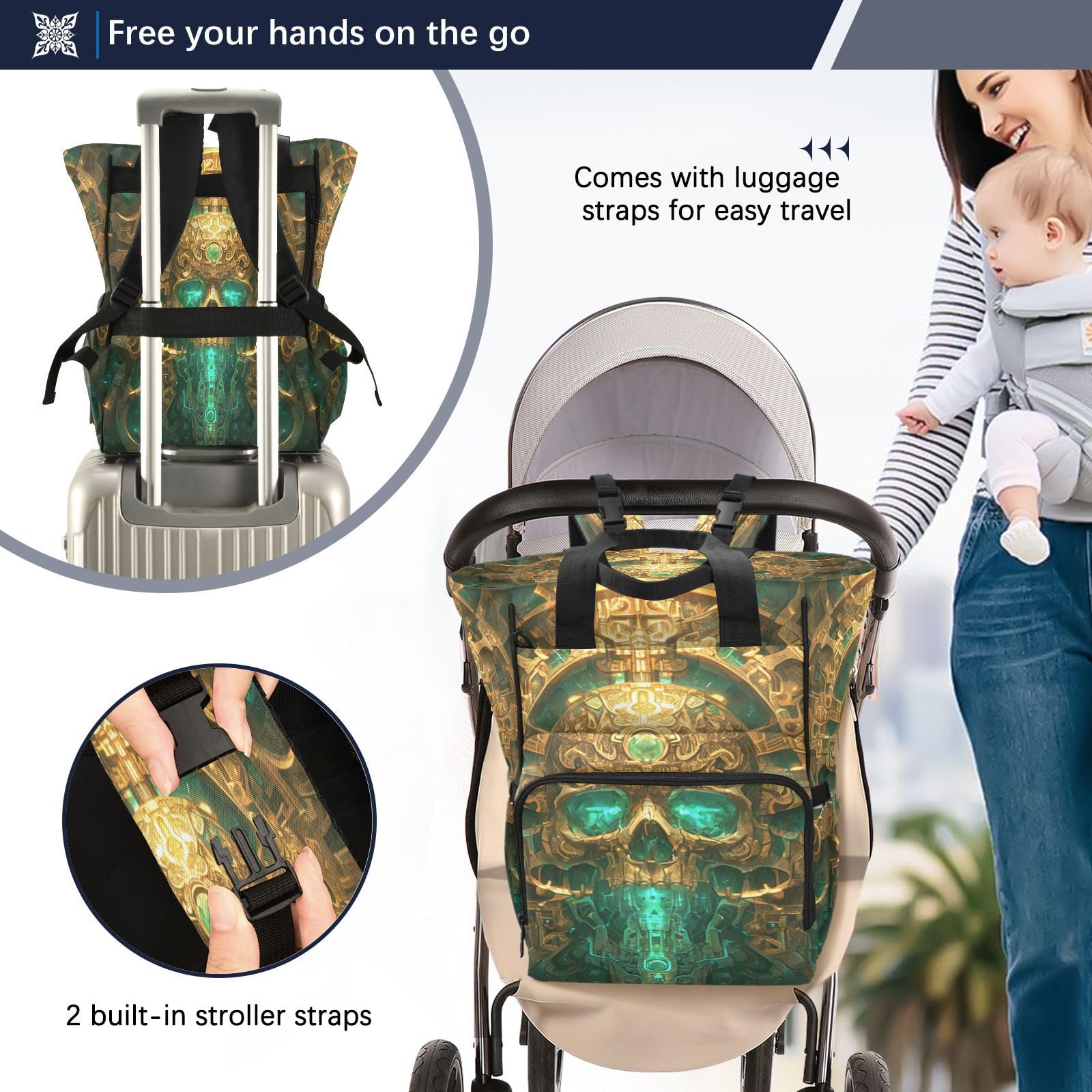 CráNeo De Oro Abstracto Bolsa de Pañales Mochila de Viaje Gran Capacidad Bolsas para Mamá Papá Mujeres Niñas