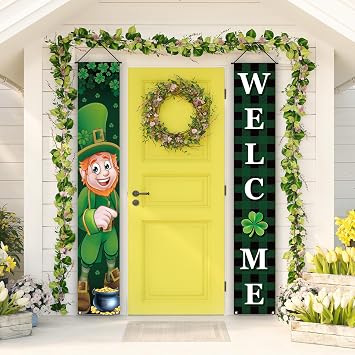 Rvsticty St Patricks Day Decorations Green Lrish Spirit Front Porch Weclome Sign Irish Shamrock Gnomes Banner St. Patrick's Day Decorations for Home Party