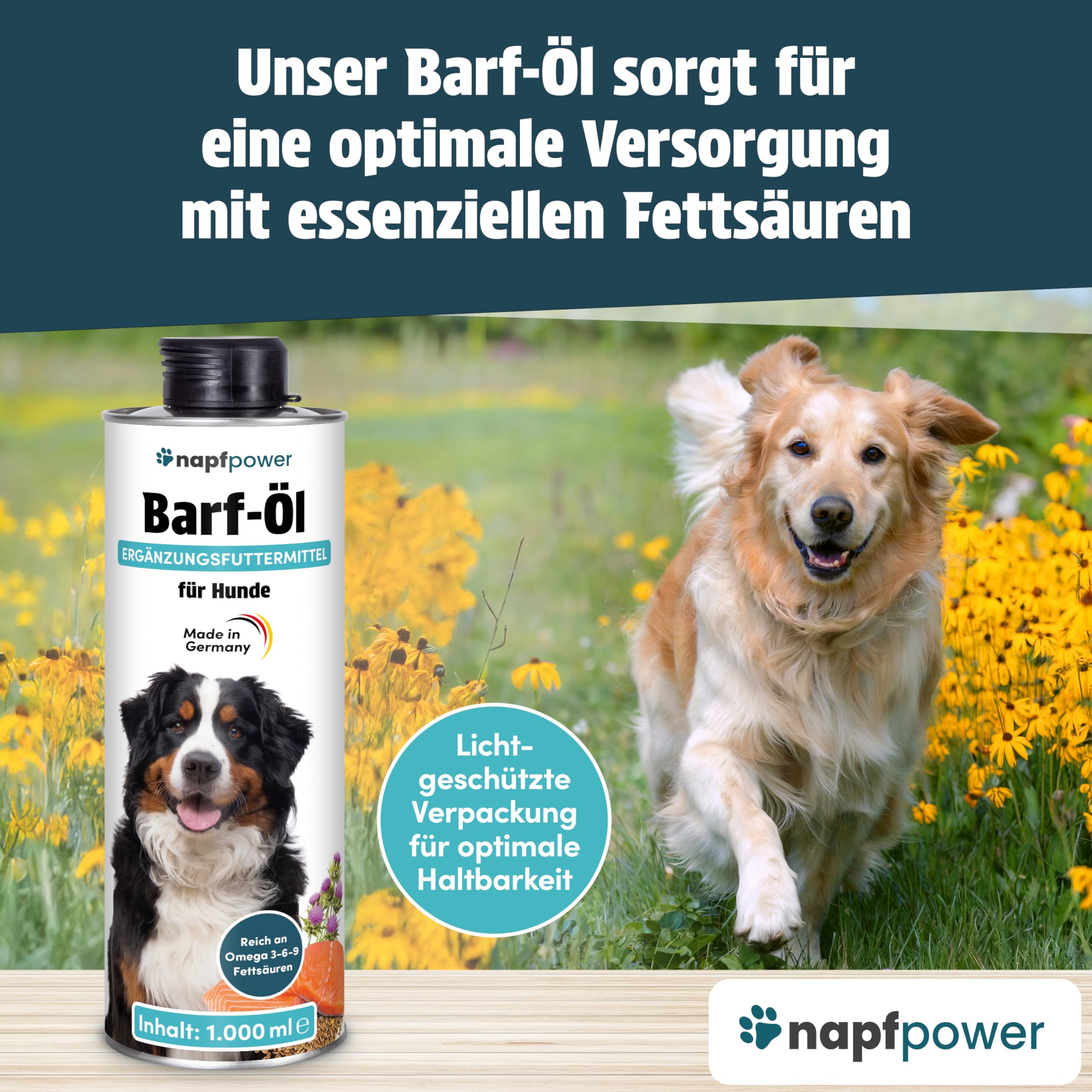 Barf Öl für Hunde (1 Liter) – Reich an Omega 3-6-9 Öl aus Lachsöl, Leinöl, Hanfsamenöl, Borretschöl & Mariendistelöl – Hochwertiges Futteröl & Barf-Zusatz – Auch als Topping geeignet