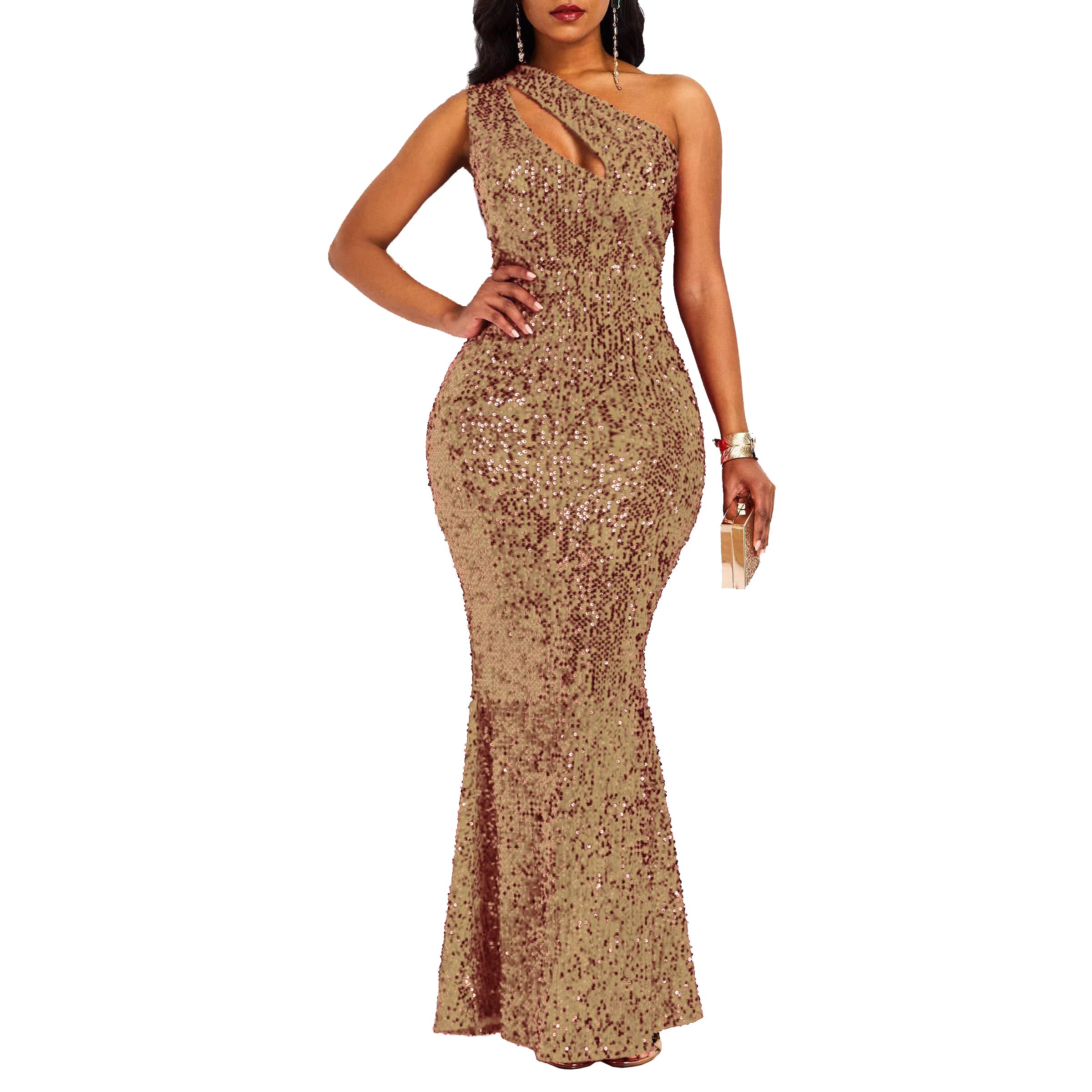 VERWIN Pailletten-Maxikleid für Damen, ärmellos, schräger Kragen, figurbetontes Kleid, Partykleid