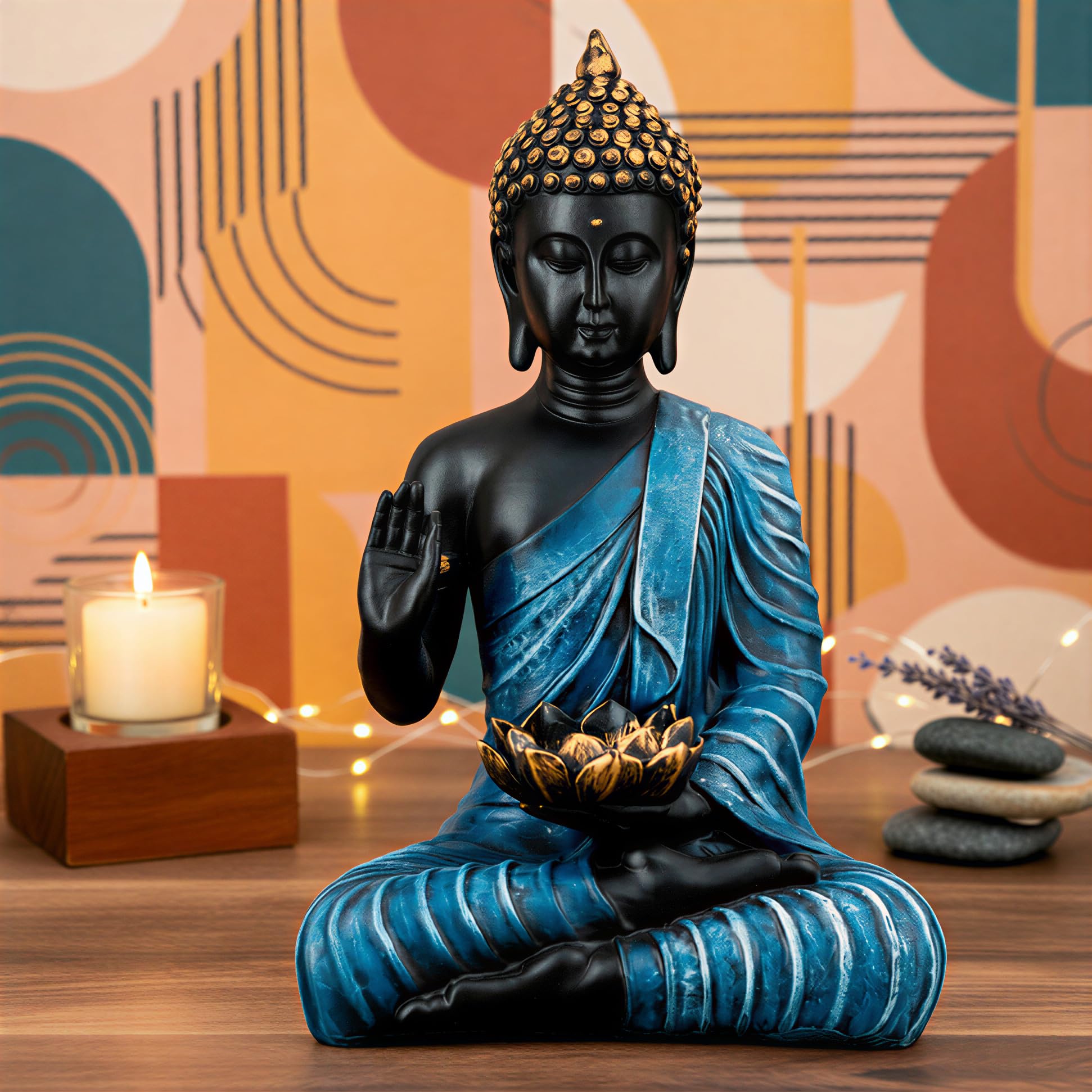 New Meditating Sitting Buddha Statue showpiece Idol Home Decor Items for Living Room and Gifts (Bule Black, Medium)