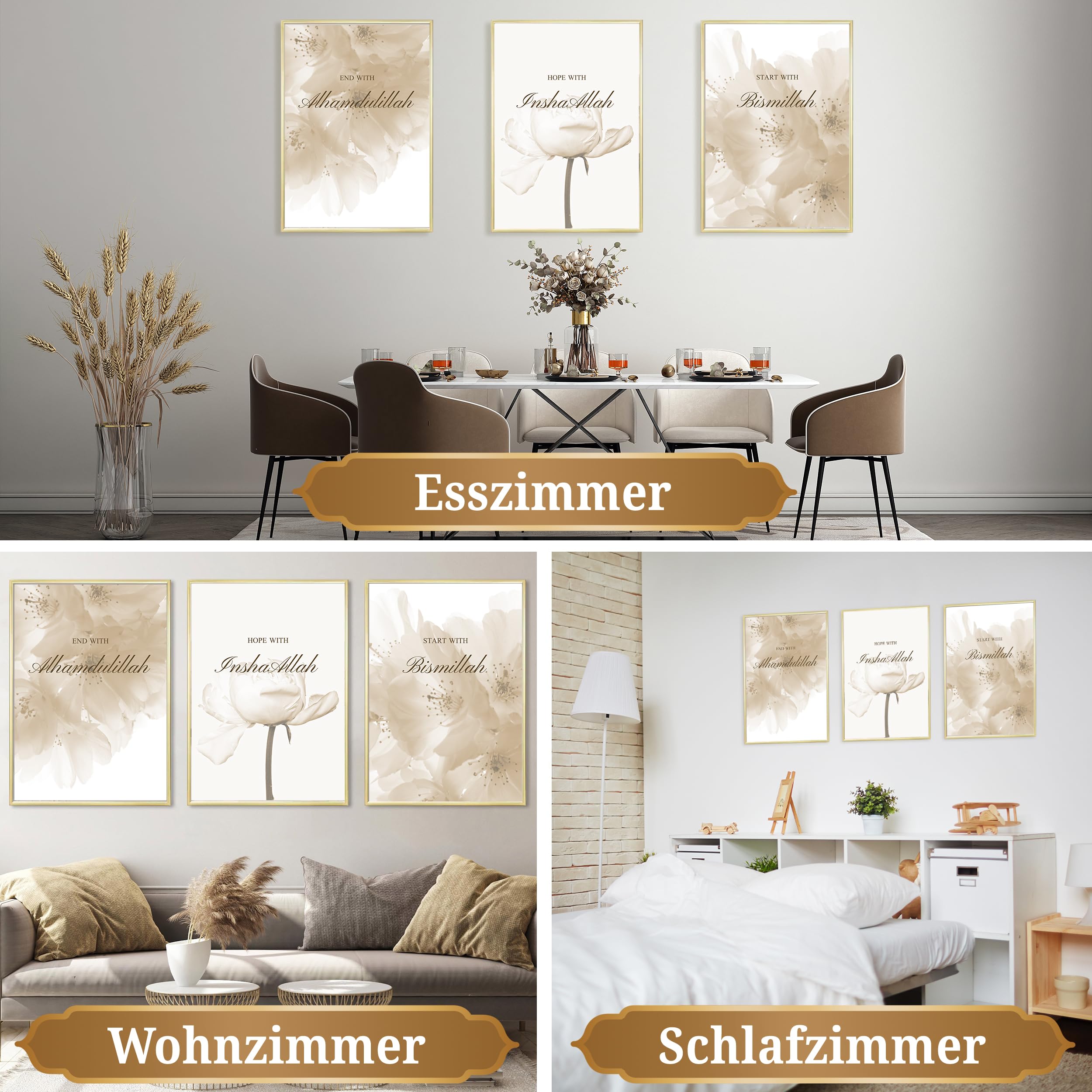 HAVA Artwork Beige Dream Poster Set, Islamische Poster, Islamische Bilder, Islamische Dekoration, Islamische Geschenke, Bilderrahmen, Allah Wandbild, 40x50 - ohne Rahmen