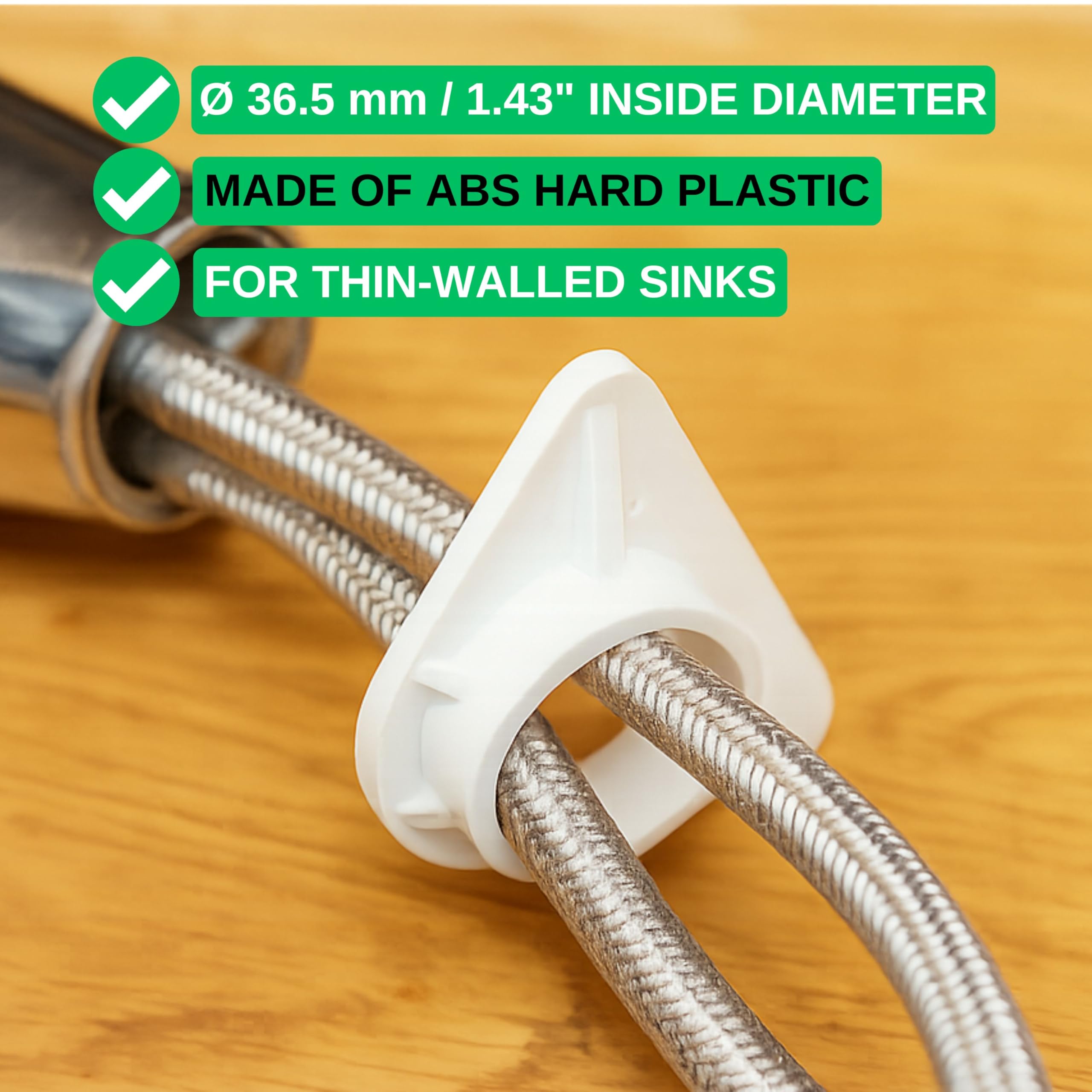 Rinforzo per lavello, 2 pezzi, bianco, in ABS, misura standard con foro interno Ø 36,5 mm, stabilizzatore per lavelli in acciaio inox a parete sottile