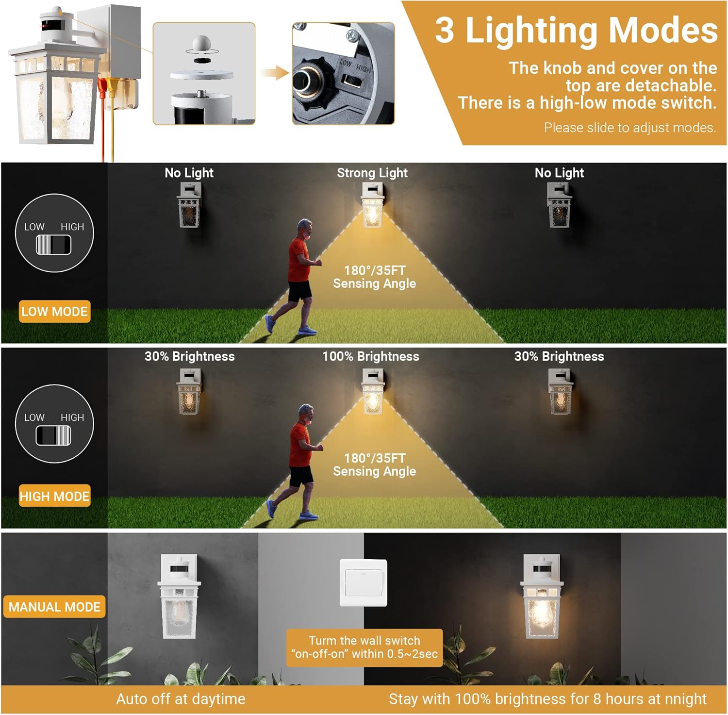 2 Pack Porch Light Outdoor with GFCI Outlet - 3 Lighting Modes Exterior Light Fixture, Dusk to Dawn Motion Sensor Wall Mount Outside Lights for House,Garage,Front Door, Patio