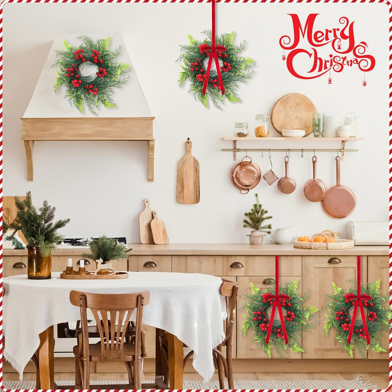 6 Pcs 11 Inch Mini Christmas Cabinet Wreath for Kitchen Christmas Berry Hanging Cabinet Wreath Decor with Red Bow Artificial Pine Candle Ring for Xmas Door Fireplaces Table Centerpiece