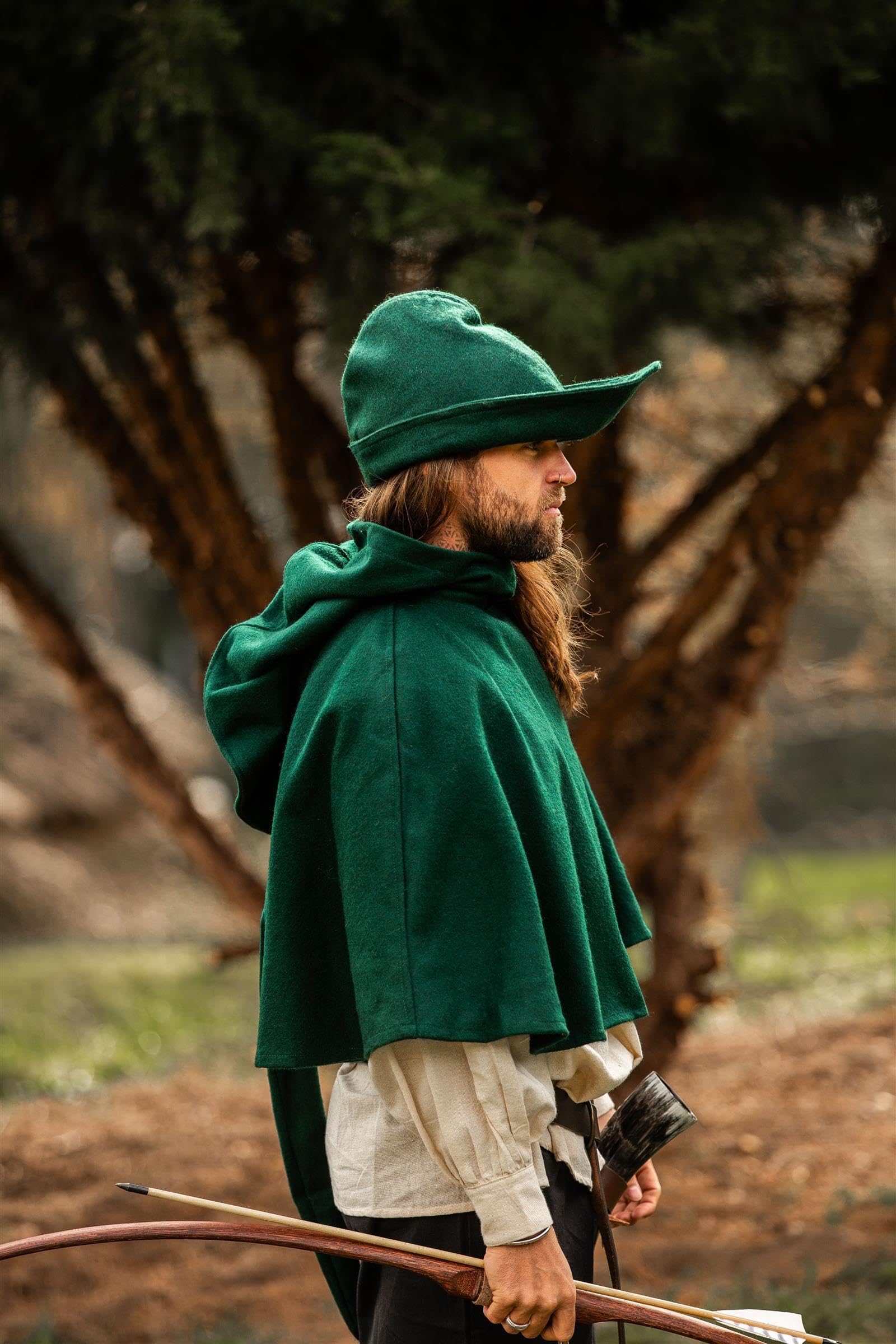 Leonardo Carbone® Męskie nakrycie głowy Robin Hood-Hut | asymetryczna krawędź | styl średniowieczny | karnawał, Halloween, Cosplay, LARP, kapelusz, czapka, akcesoria, wełna