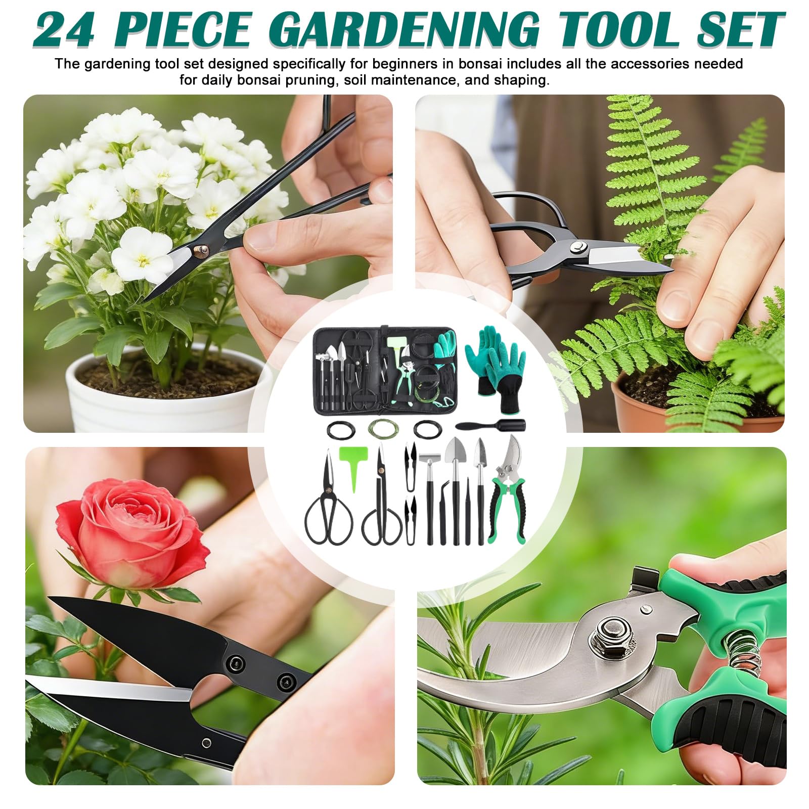 23 Pièces Kit Bonsai, Garden Tool Kit, Outils Jardinage, Outils Bonsai avec Gardening Trowel, Mini Rake and Spade, and Garden Gloves, Portable Kit Jardinage Convient Aux Passionnés Jardinage, Vert