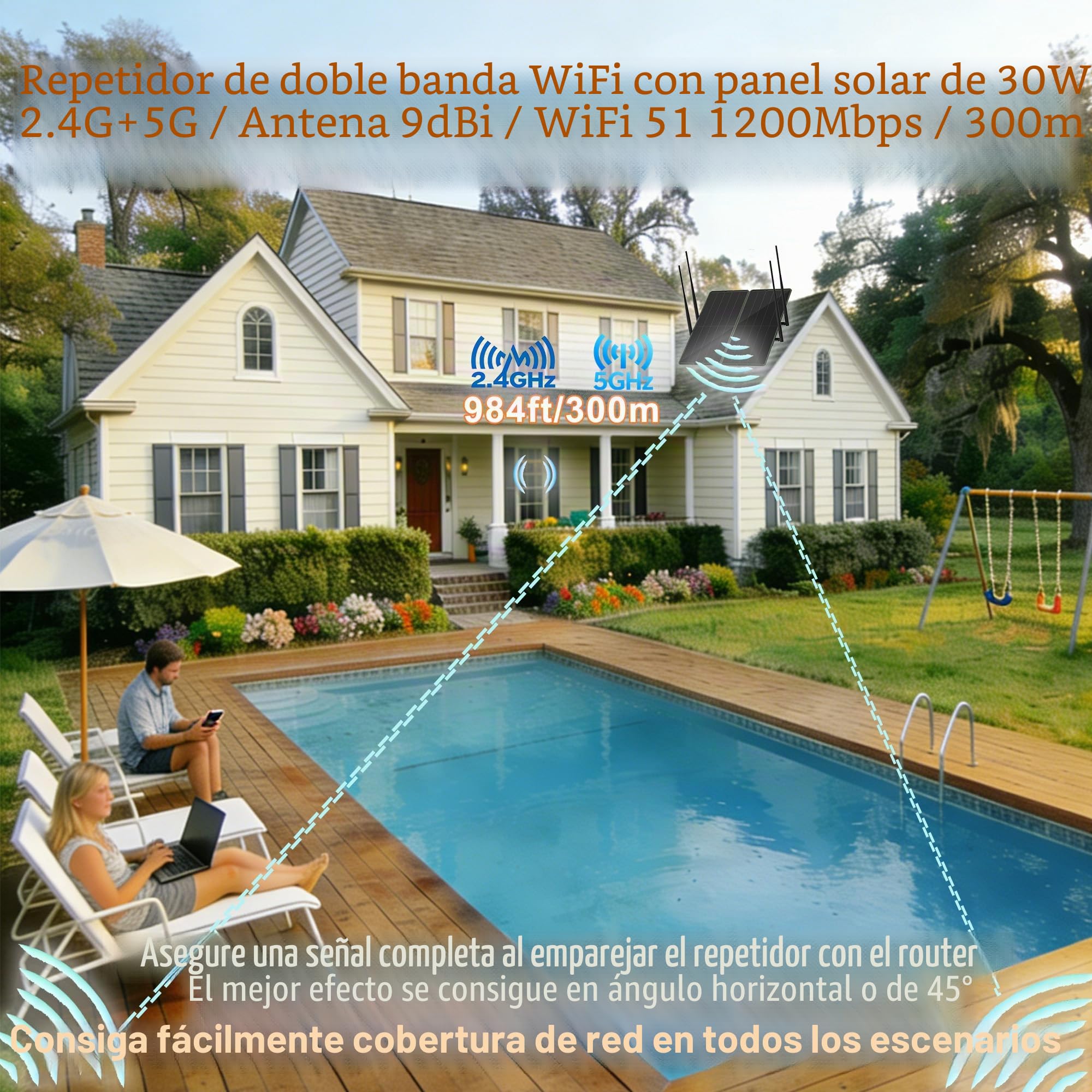 Panel solar de 30W para exteriores,doble banda,5.8G/2.4G,repetidor WiFi,amplificador extensor,cobertura de 300m,1200 Mbps,batería de 30000 mAh,IP65,soporta 100 dispositivos,para patio