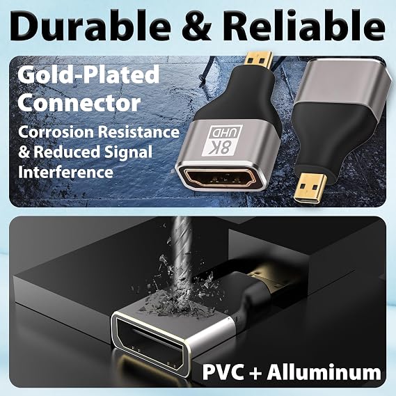 Micro HDMI to HDMI Adapter 2-Pack, 8K@60Hz UHD MicroHDMI Adapter, Gold-Plated, High-Speed for GoPro, Raspberry Pi 4, Sony A6000, Nikon B500, DSLR Camera, Tablet, Monitor, Projector
