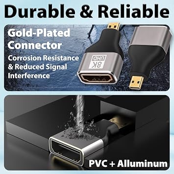 Micro HDMI to HDMI Adapter 2-Pack, 8K@60Hz UHD MicroHDMI Adapter, Gold-Plated, High-Speed for GoPro, Raspberry Pi 4, Sony A6000, Nikon B500, DSLR Camera, Tablet, Monitor, Projector