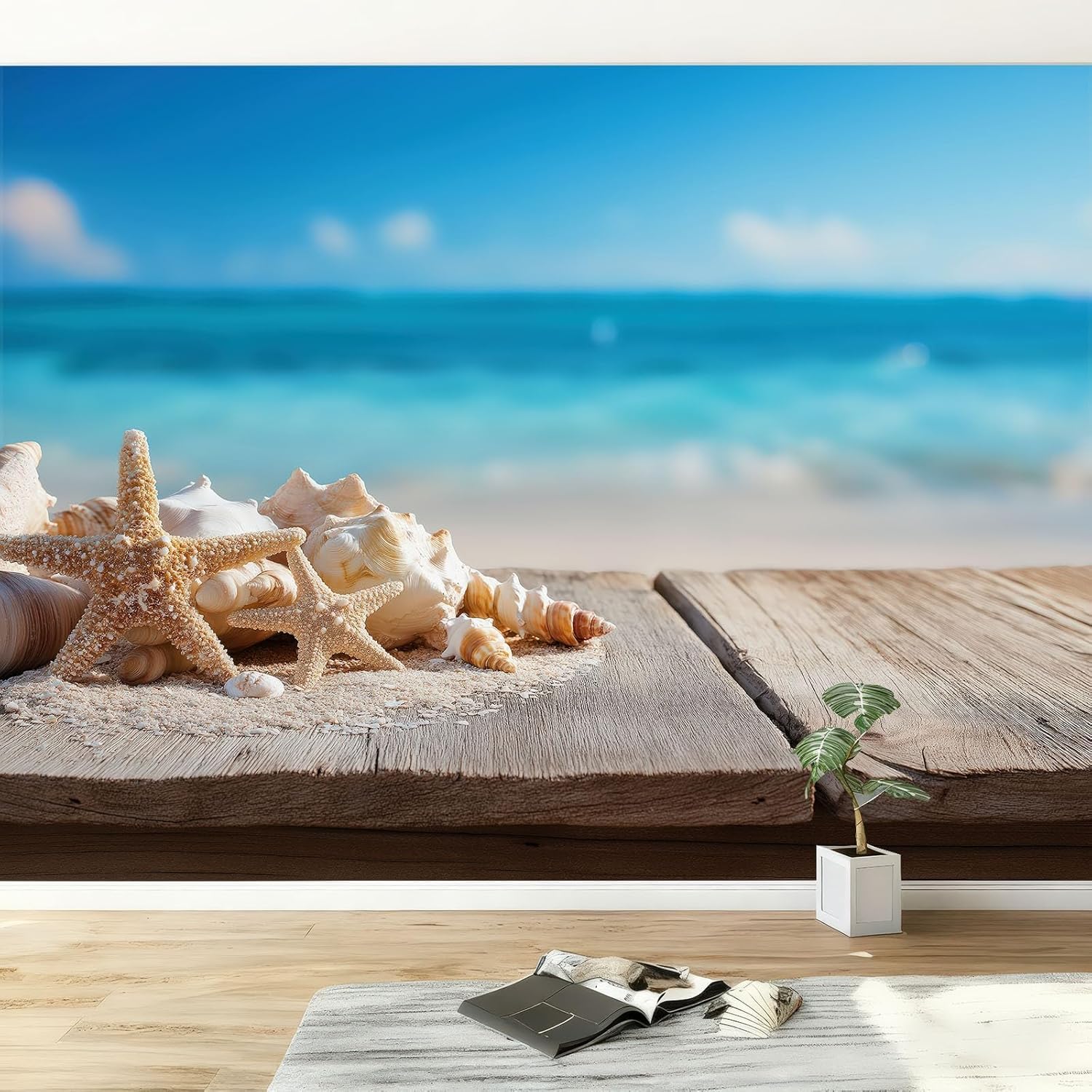 Papier peint panoramique plage 250x175 cm fresque murale 3d intissée coquille pour salon et chambre
