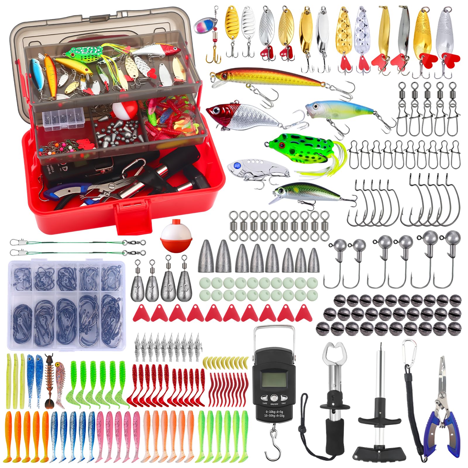 Delousiber Fishing Lures Kit with Tackle Box, 314Pcs Fishing Tackle Box Fully Loaded with Baits, Pliers, Weights Scale, Lip Clip, Hooks, Hook Remover, Accessories, Gifts for Men Trout Bass Freshwater