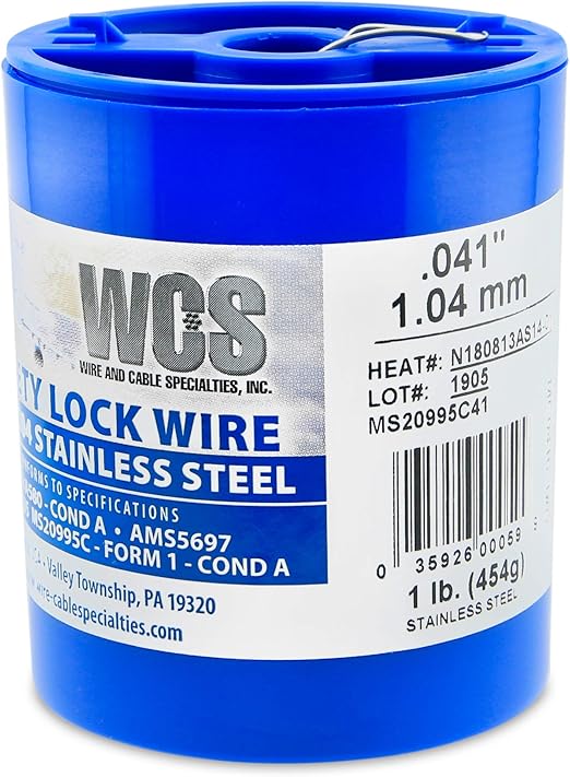 Lock Wire, T302/304 Stainless, NASM20995, MS20995C, ASTM A580 Cond A, AMS5697, .041 in (1.04 mm), 1 lb (0.45 kg) Dispenser Can, Approx. 221 ft (67 m)