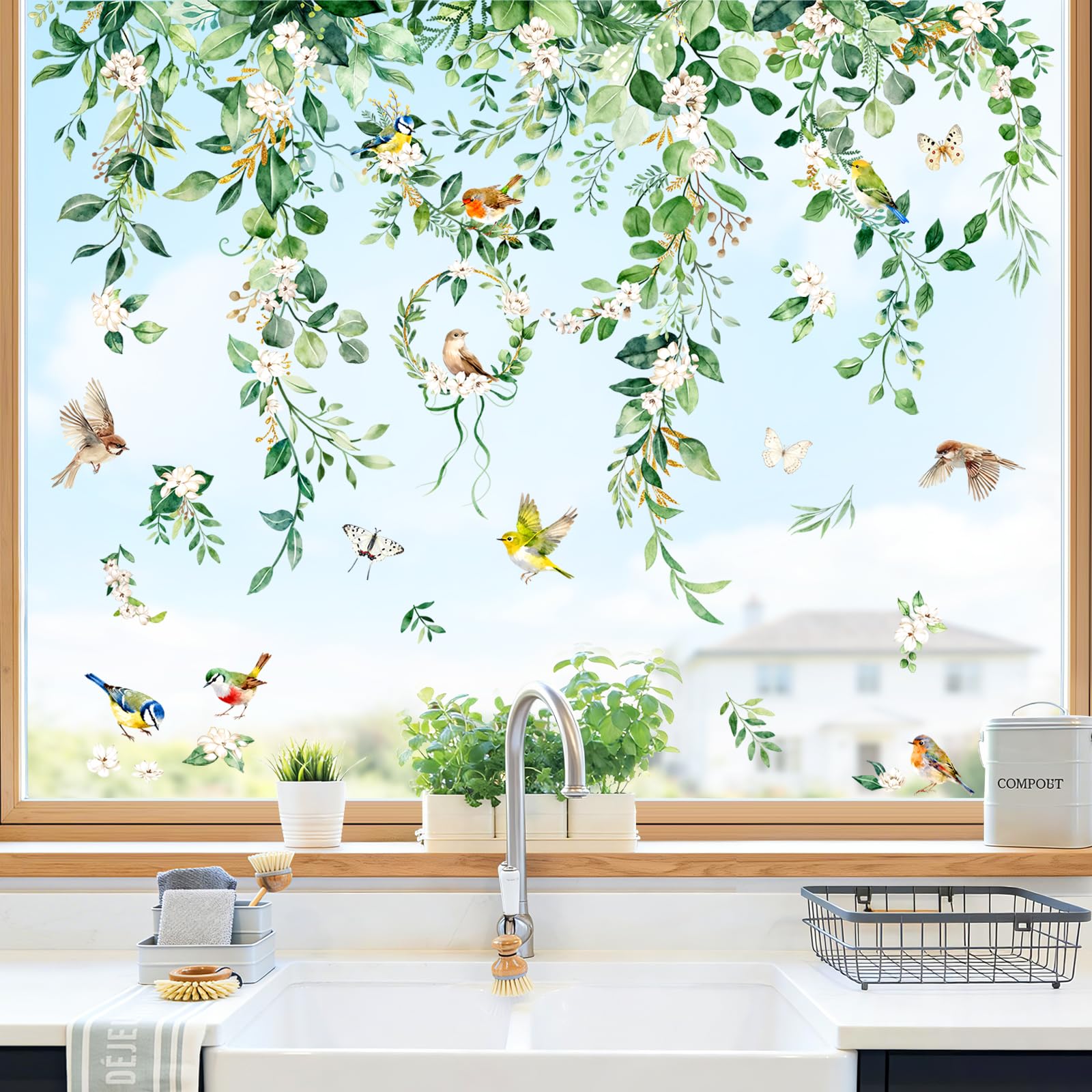 Summer Hanging Vine Leaves Window Stickers Eucalyptus Flower Window Decals