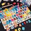 Wooden Number Alphabet Puzzles Sorting Counting Shape Sorter Learning Fishing Game Toys for Age 3 4 5 6 Year Olds Kids, Preschool Education Math Stacking Blocks Learning 7 in1