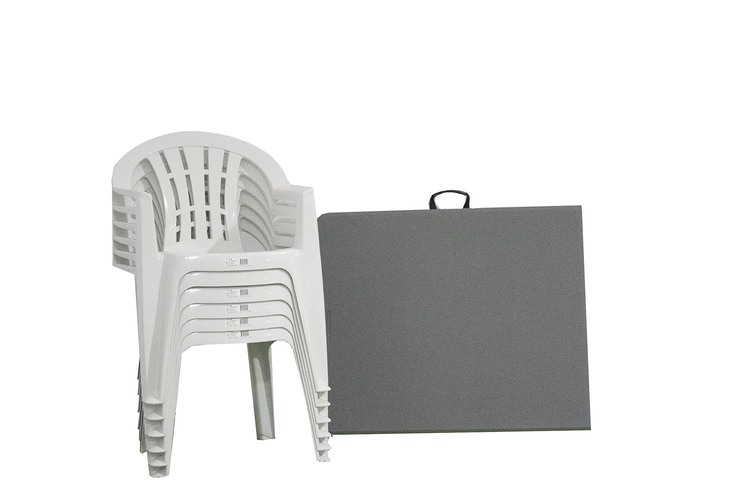Solycarpa Pack 6 Sillas PVC con Reposabrazos + Mesa Plegable Rectangular Tipo Maleta 180x76 de Exterior, Jardín, Catering y Hostelería. Abatible, Portátil y Auxiliar para Comedor y Camping.