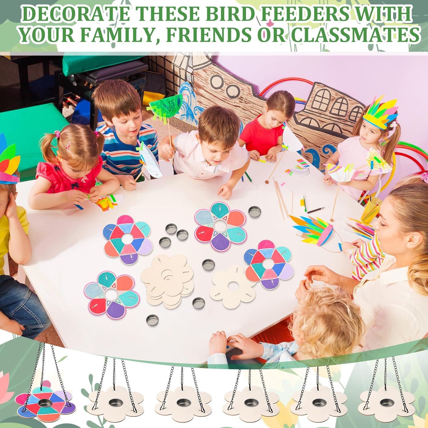 DoubleFill 36 Pack Bird Feeder Craft Kits with Chains for Kids Ages 3-8 Make Your Own Wooden Flower Bird Feeders with Aluminum Bowls DIY to Paint Craft for Garden Outdoor Activities (Flower)