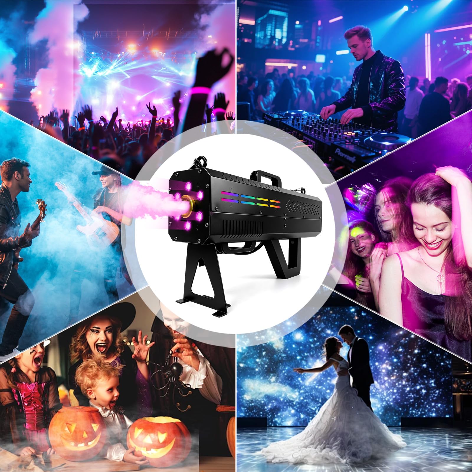 Macchina del Fumo 1500W con 6 LED, Cannone Nebbia Portatile con Supporto e Tracolla, Design a Doppio Utilizzo, Funzione Timer, Smoke Machine per Halloween, DJ, Palco, Matrimoni e Feste