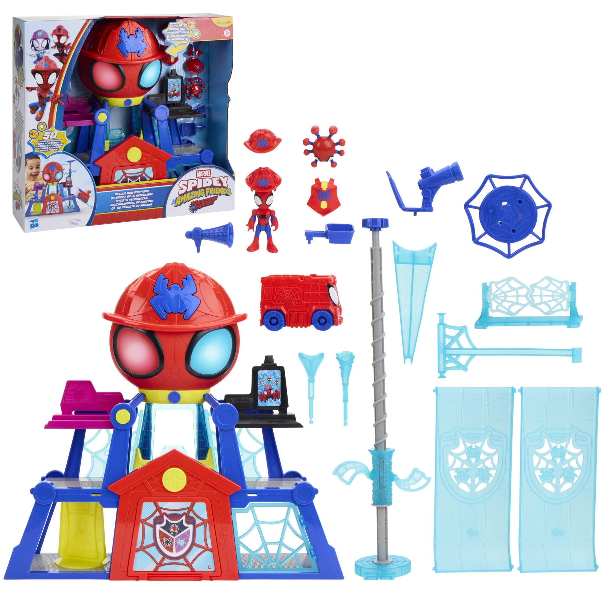 Marvel Spidey and His Amazing Friends, Rescue-Webs, Aracnocuartel, Set de Juego con Figuras de 7,6 cm y vehículo de Juguete, Juguetes de superhéroes para niños pequeños, Edad: A Partir de 3 años