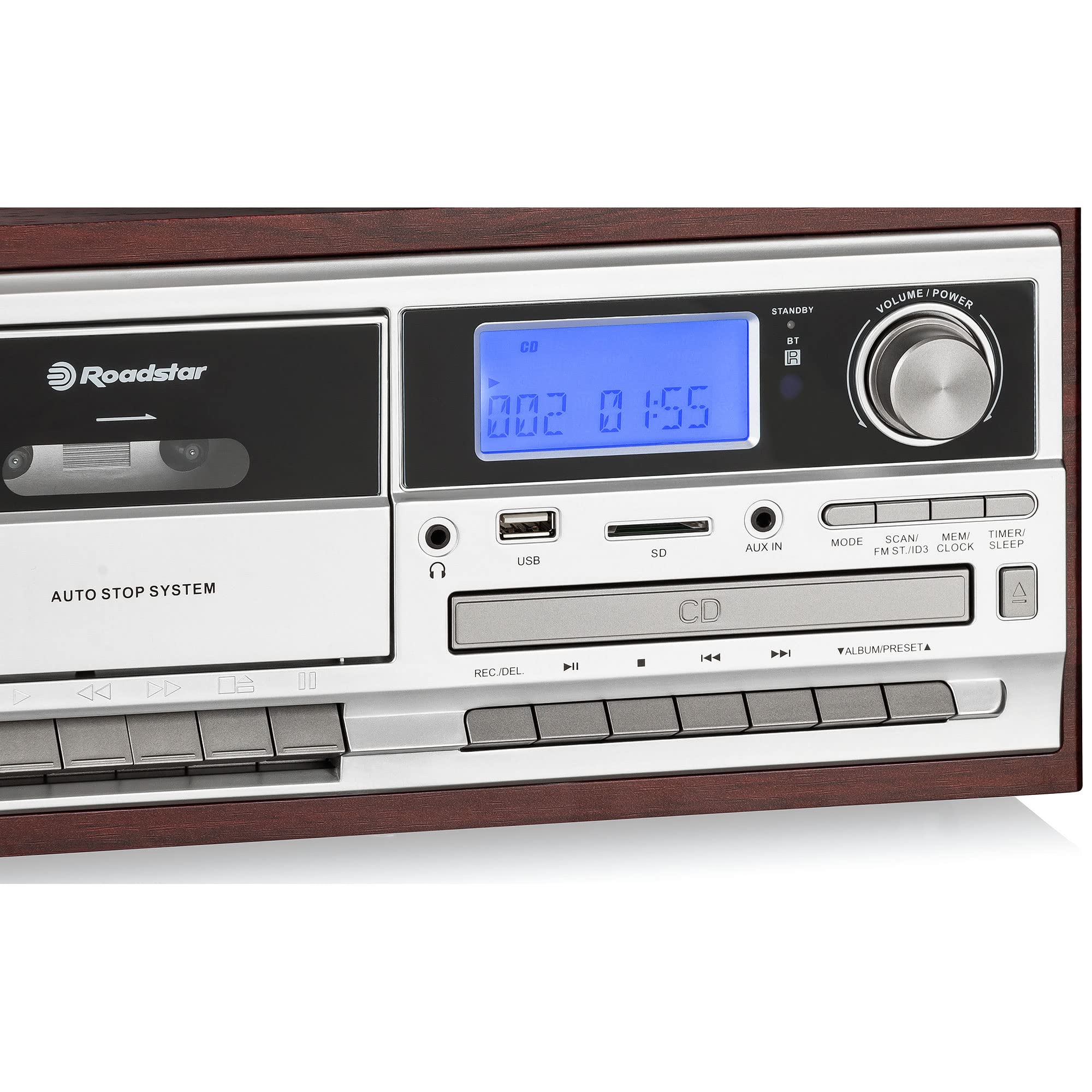 Roadstar HIF-8892EBT Minicadena de Música Hi-Fi Tocadiscos 33/45/78 rpm, Radio Digital PLL FM, Reproductor CD-MP3, Cassette, Bluetooth, USB Función Grabación, Tarjeta SD, Mando a Distancia, Madera