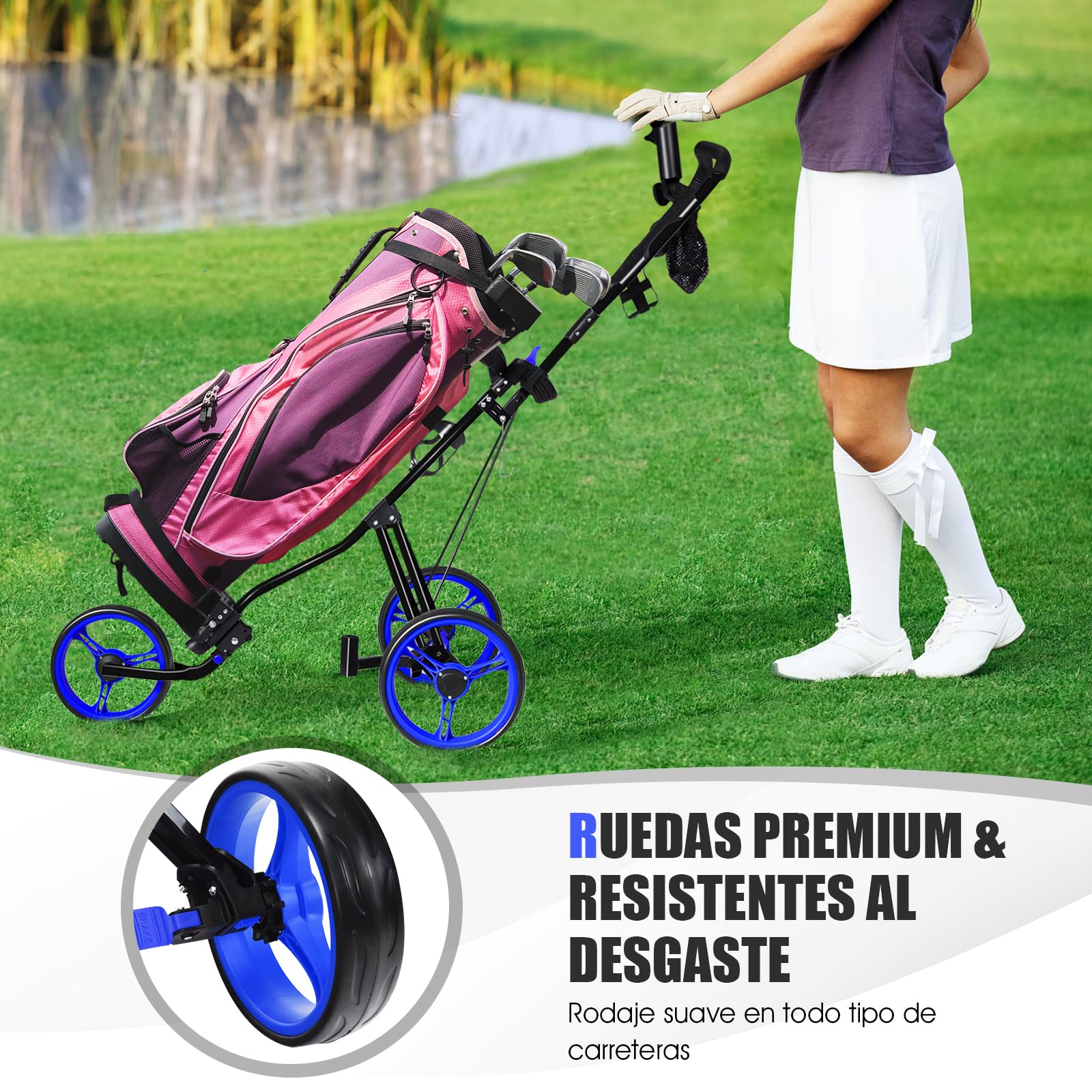 COSTWAY Carrito de Golf, Carrito de Golf Plegable con 3 Ruedas y Asiento, Mango de Altura Ajustable, Marcador, Portavasos, Paragüero, Freno de Pie, Ruedas Extraíbles