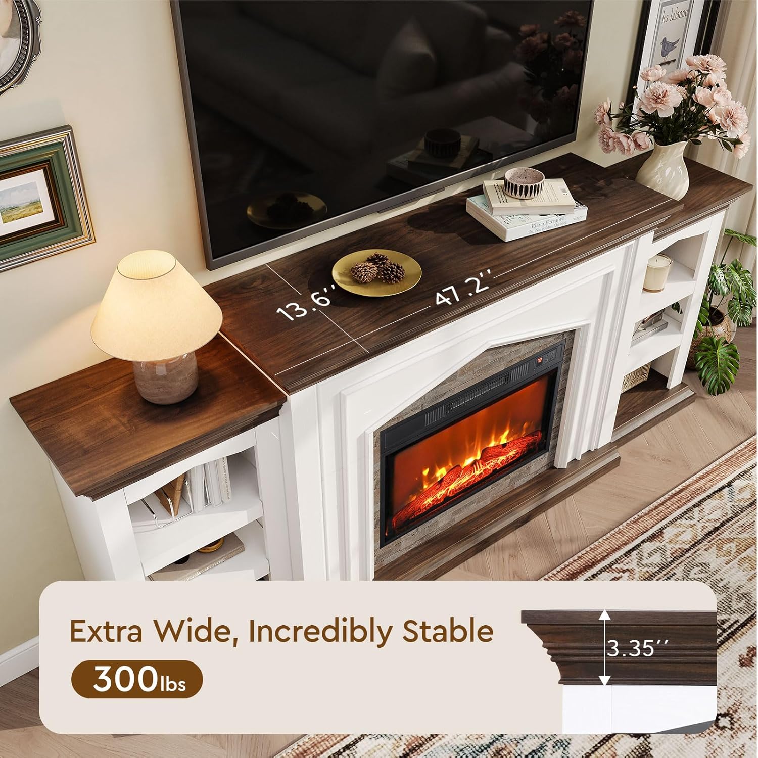 LGHM 80" Fireplace TV Stand for TVs Up to 90 Inch, Electric Fireplace with Mantel, Farmhouse Entertainment Center with Storage, Realistic Stacked Stone Surround and 3D Flame Effect for Living Room