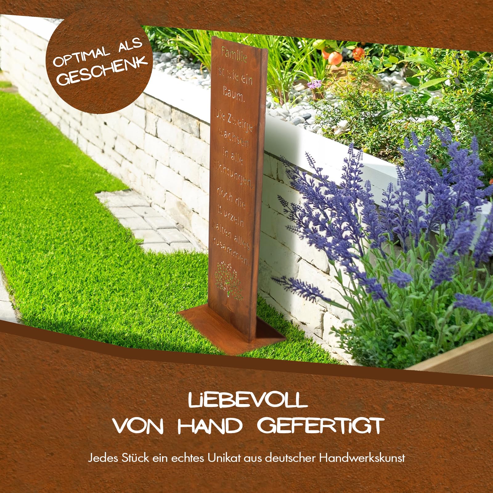 Rostikal Gartenschild Familie 55 cm Edelrost Gartendeko Geschenk wetterfest | Familienspruch mit Lebensbaum aus Cortenstahl - rostige Rostdeko, Landhaus-Stil, Spruchtafel für drinnen und draußen