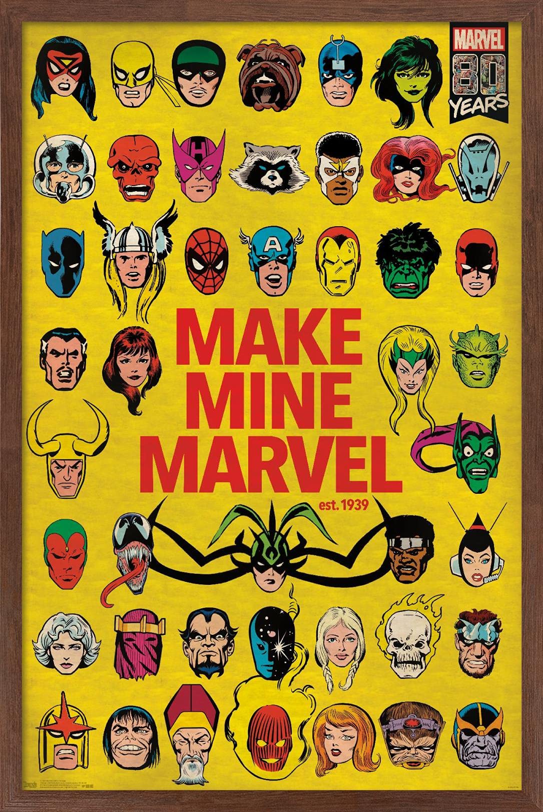 Poster Marvel Comics de groupe encadré acajou, cadeau idéal geek
