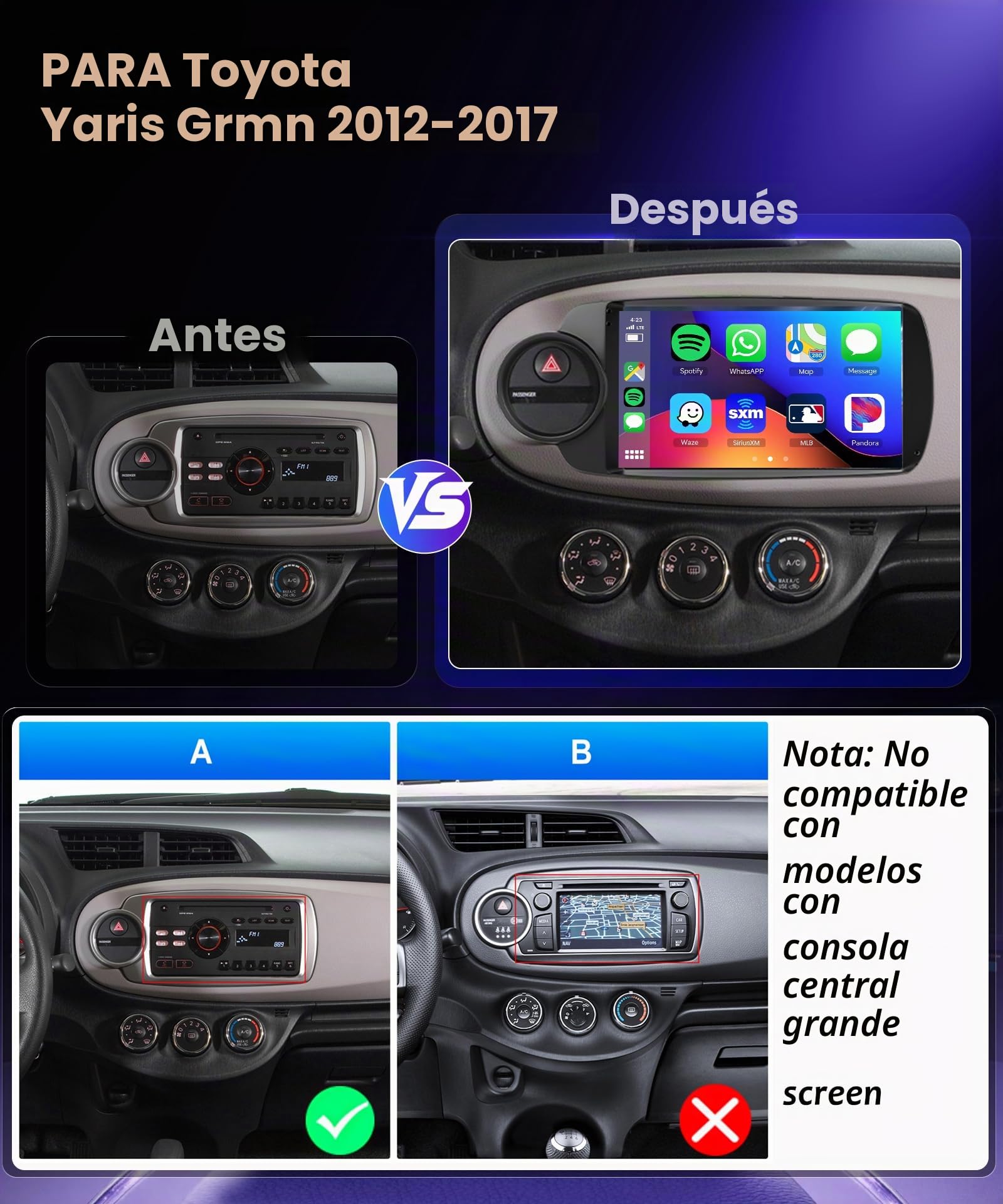 4G 64G VECHTEL 7" Radio para Coche Toyota Yaris Grmn 2012-2017 Carplay Android Auto,Android 15,DSP EQ,Bluetooth WiFi GPS,RDS/FM Radio con cámara de visión Trasera AHD