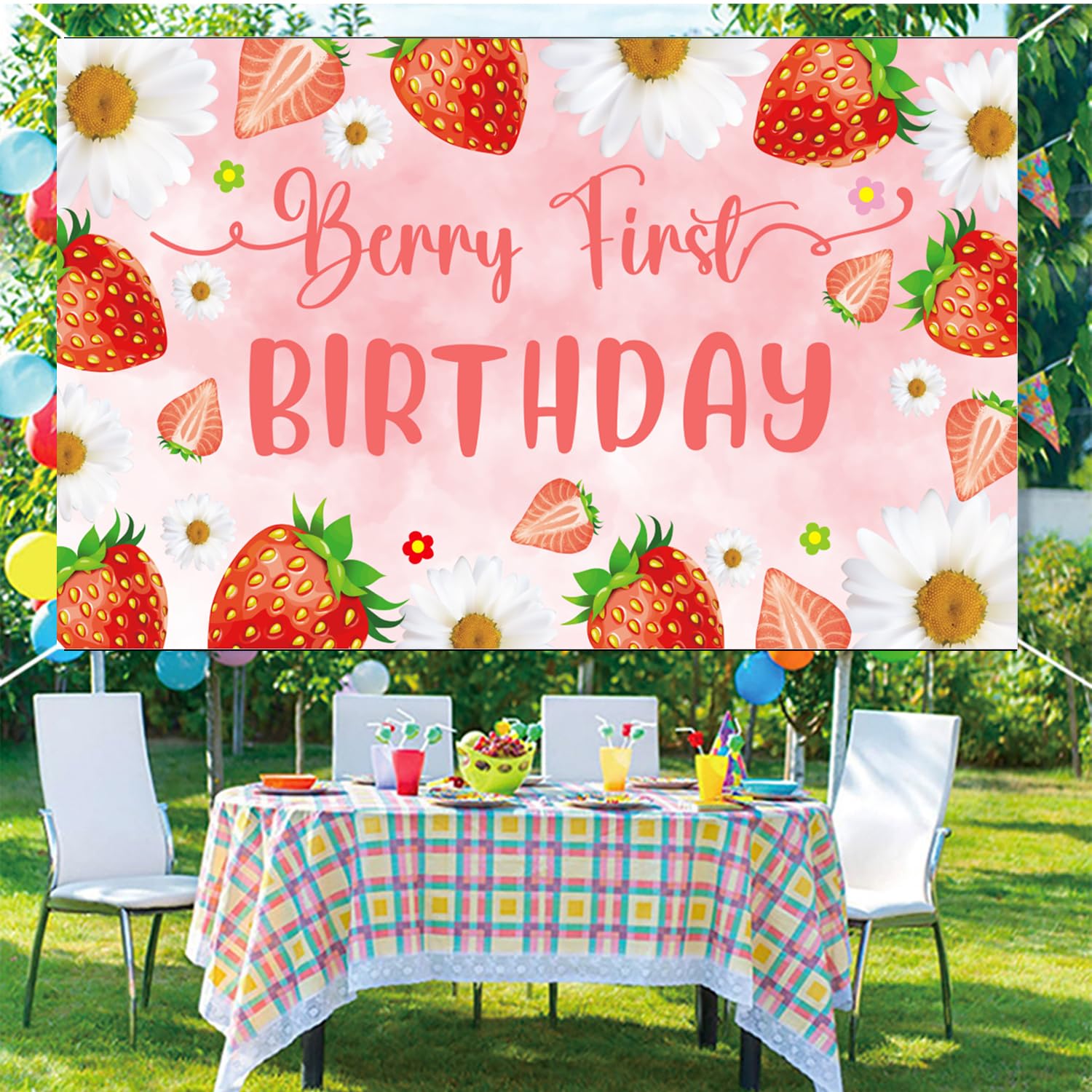 LOONELO Strawberry Daisy 1st Birthday Backdrop, Berry First Birthday Banner with 70.8X43.3 inch, Strawberry Daisy Theme Photography Background for Newborn Baby Shower Birthday Party Decorations