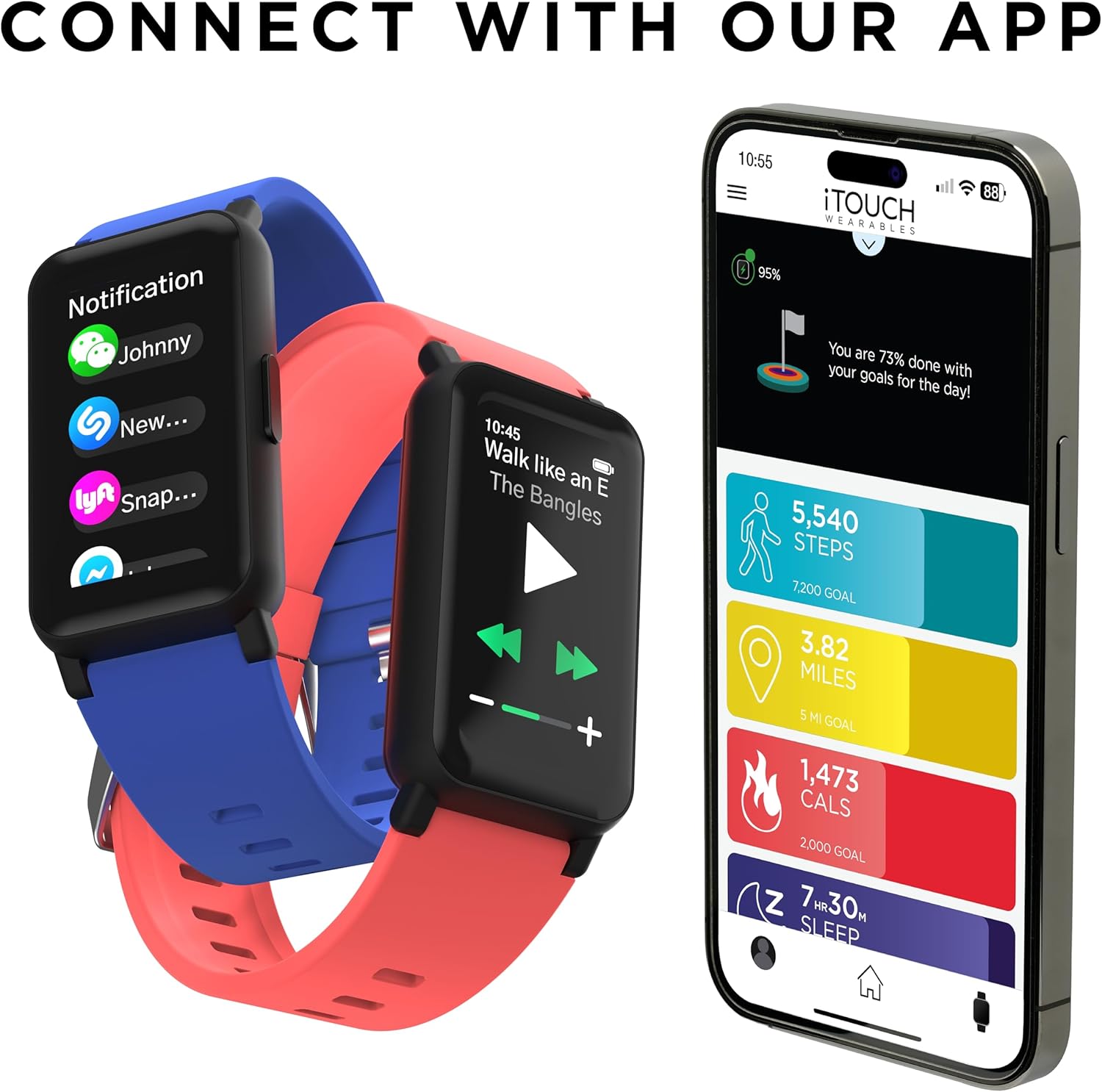 iTouch Smart Watch connected to the iTouch Wearables app on a smartphone