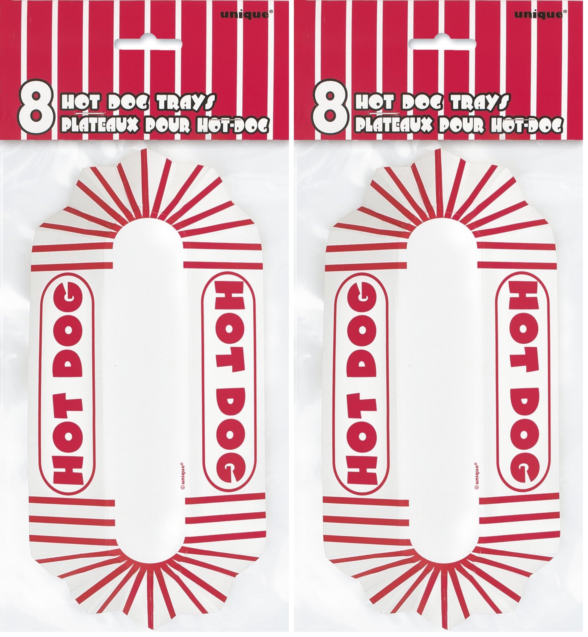 Unique 90688 Disposable Paper Hotdog Trays 8 Pcs, Adults, Red/White, 8.25 inches x 4.25 inches