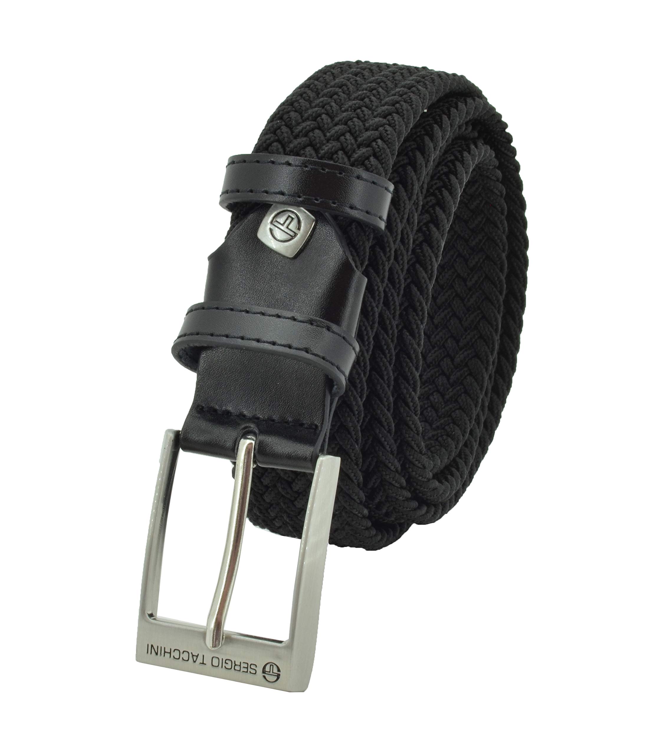 Sergio Tacchini Men's Black Braided Belt,Man Woman, In Elastic Fabric With Inserts In Genuine Leather, Gift Box 115