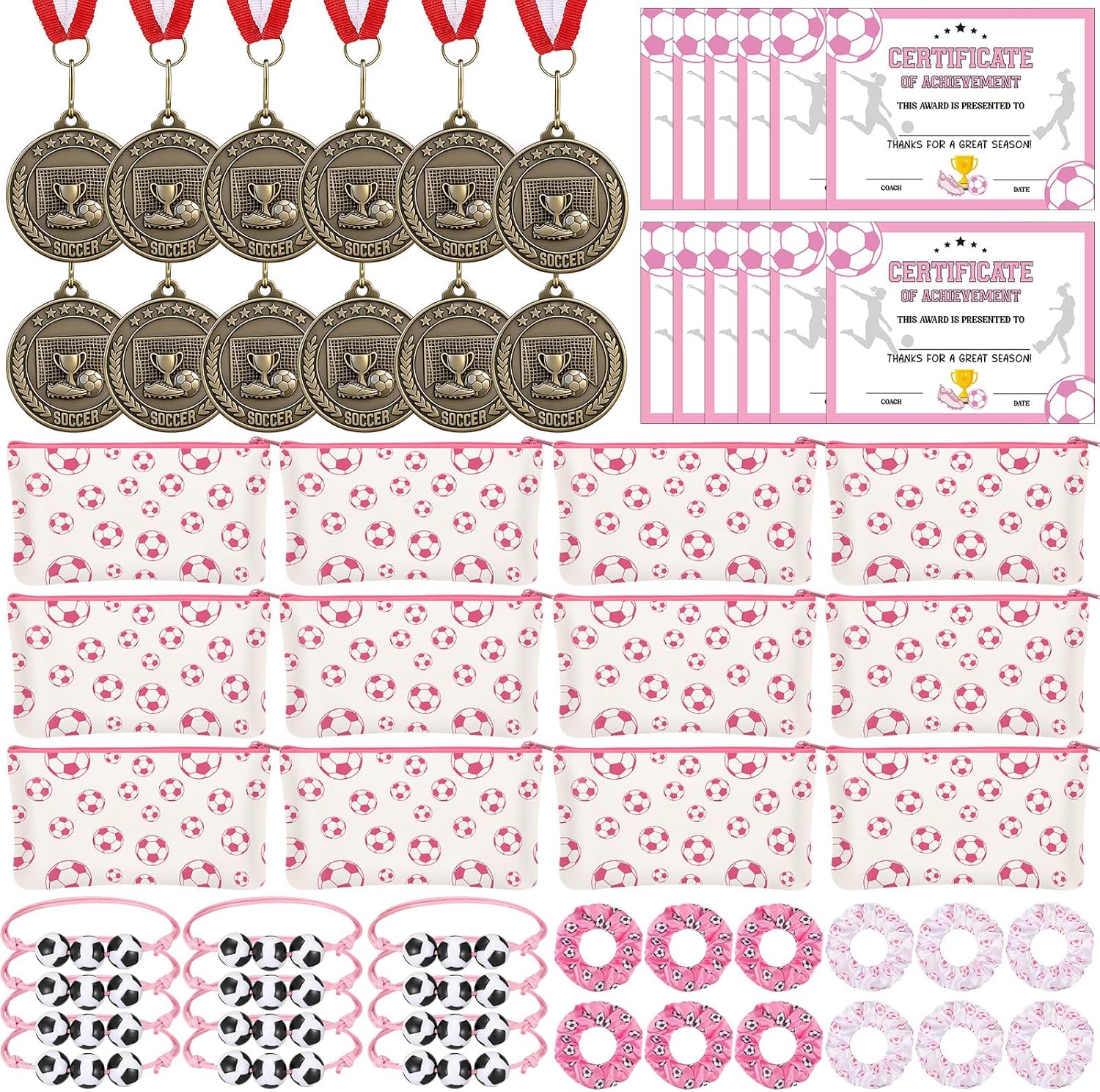 Cunno 60 Pieces Pink Soccer Party Favors 12 Medals 12 Hair Scrunchies 12 Bracelets 12 Makeup Bags 12 Award Certificates Team Gifts for Sport Themed Party Supplies