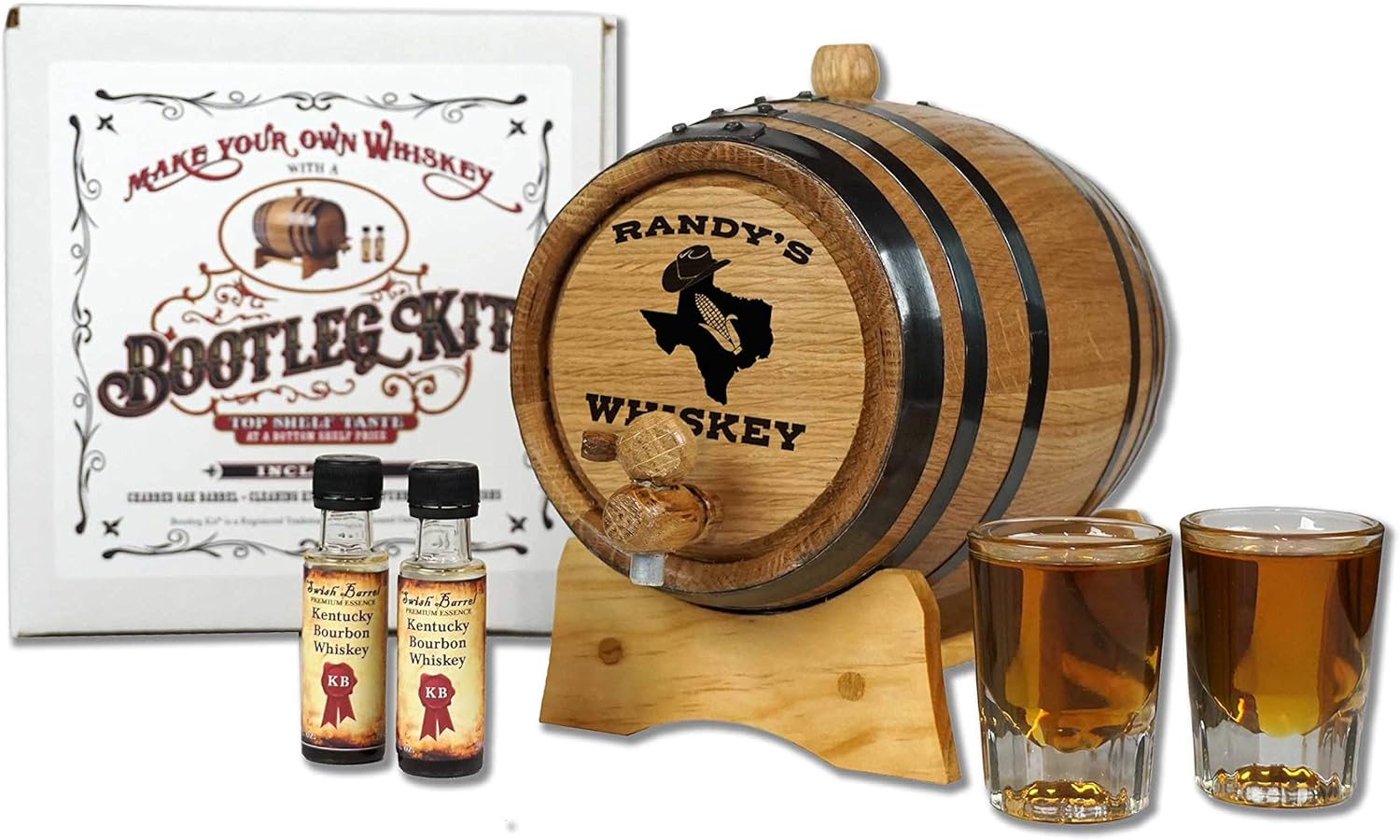 Personalized Whiskey Making Kit w/ 1 Liter Oak Aging Barrel and Texas Sweet Corn Alcohol Moonshine Essence - Charred Mini Whiskey Barrels (B268)