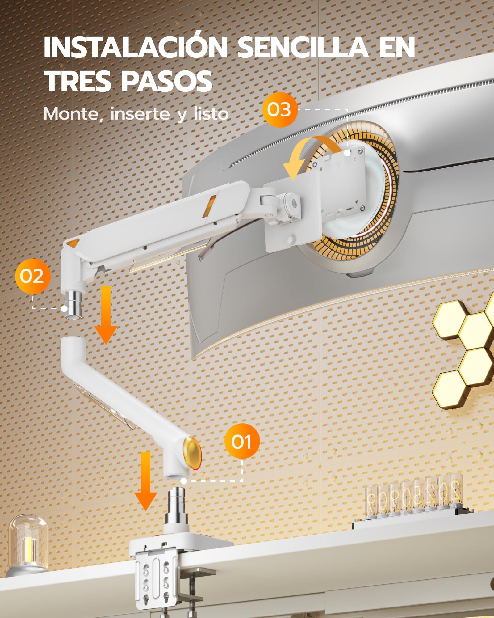 ARES WING Soporte de Monitor 17"-49" para Pantallas Planas y Curvas, Blanco | Brazo para monitor con resorte de gas, capacidad de carga de 20 kg/ brazo, compatible con VESA 75/100 mm