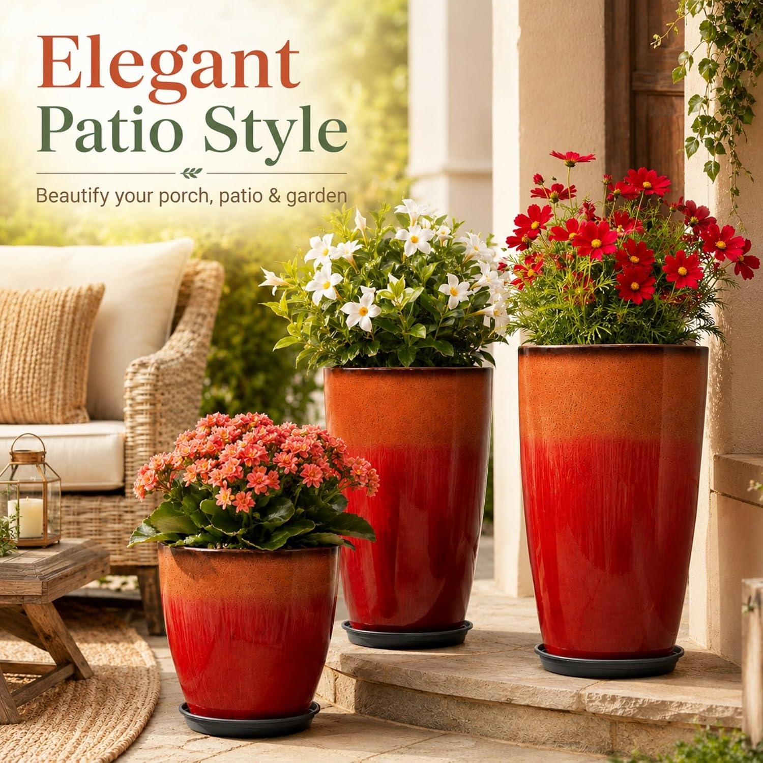 Neoaider Set of 3 Tall Planter, 24/21/12in Large Plastic Planter, Firey Red | Ceramic-Look, Lightweight, Built-in Drain Hole, Saucers, Tall Outdoor Planter for Porch, Garden, Patio, Balcony thumbnail
